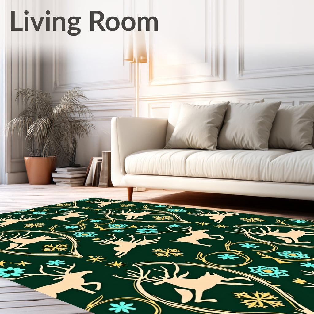Tan Reindeer Teal Snowflake Whimsical Rug