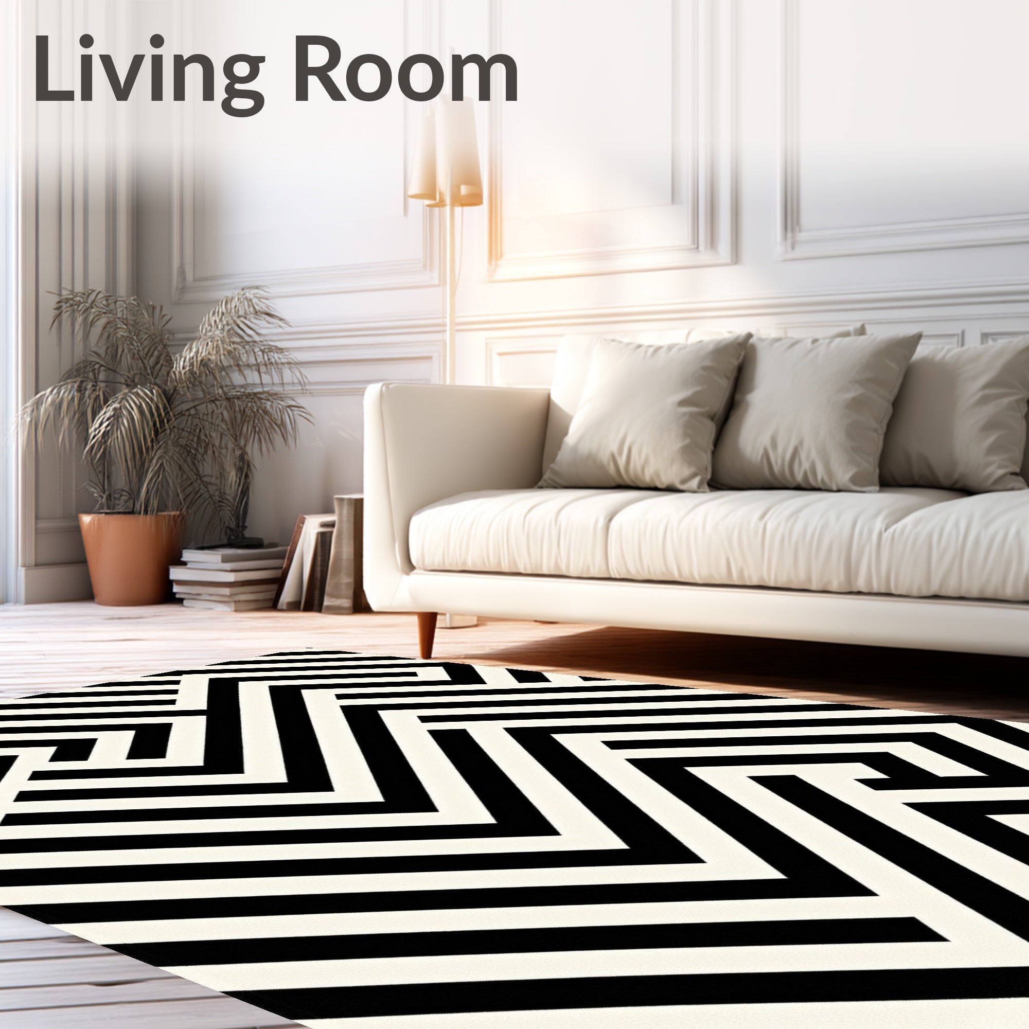 Modern Black White Geometric Maze Design Rug