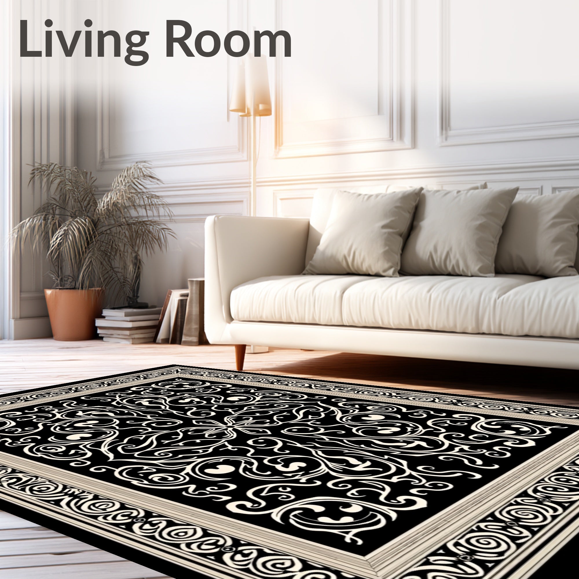 Ornate Black Cream Scrollwork Design Rug