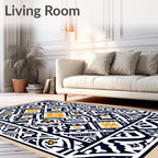 Ornate Black White Yellow Floral Pattern Rug