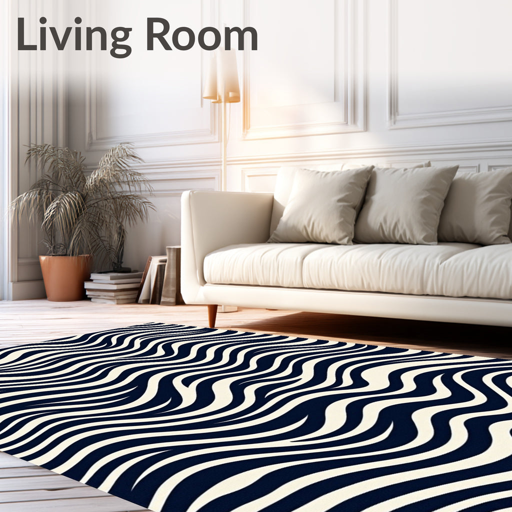 Navy Cream Wavy Stripe Pattern Rug