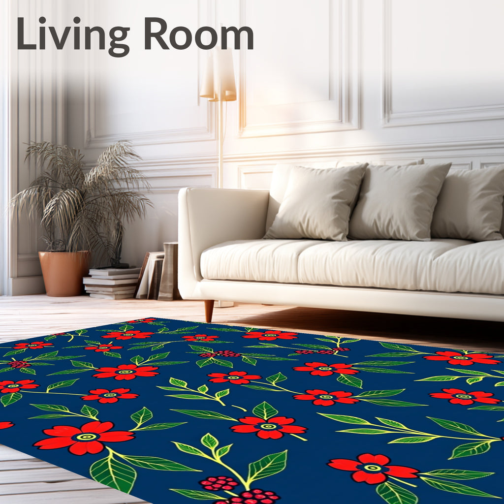 Red Floral Foliage On Navy Background Rug