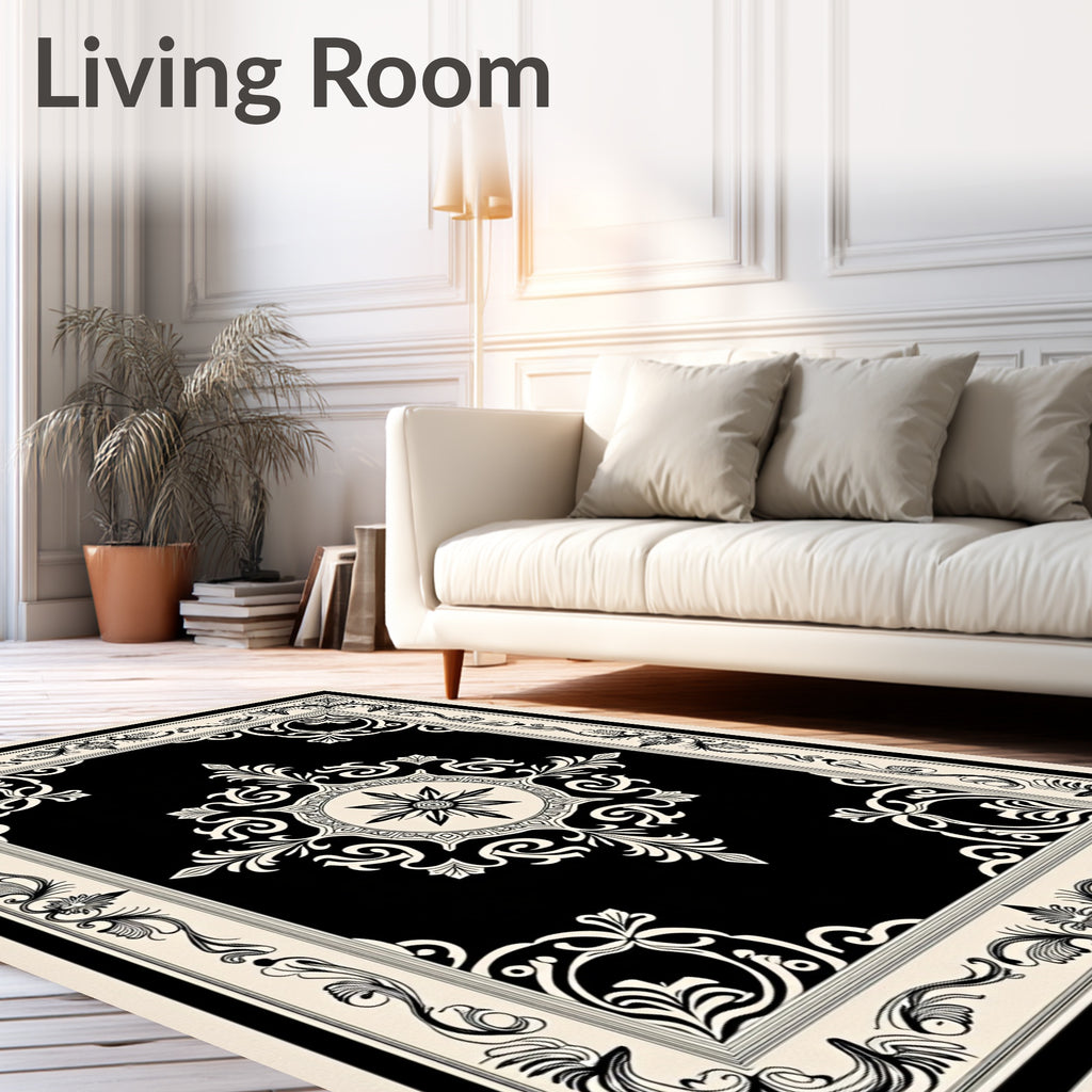 Ornate Black Cream Scrollwork Rug