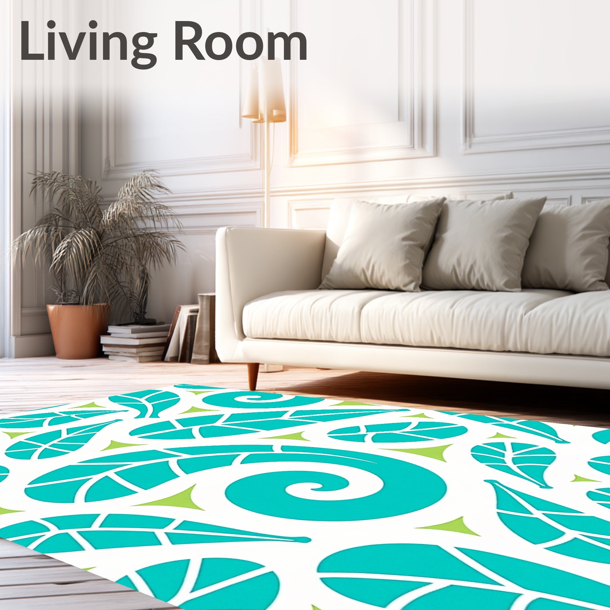 Aqua Leaf and Swirl Pattern Rug