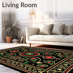 Black Red Green Golden Floral Medallion Tapestry Rug