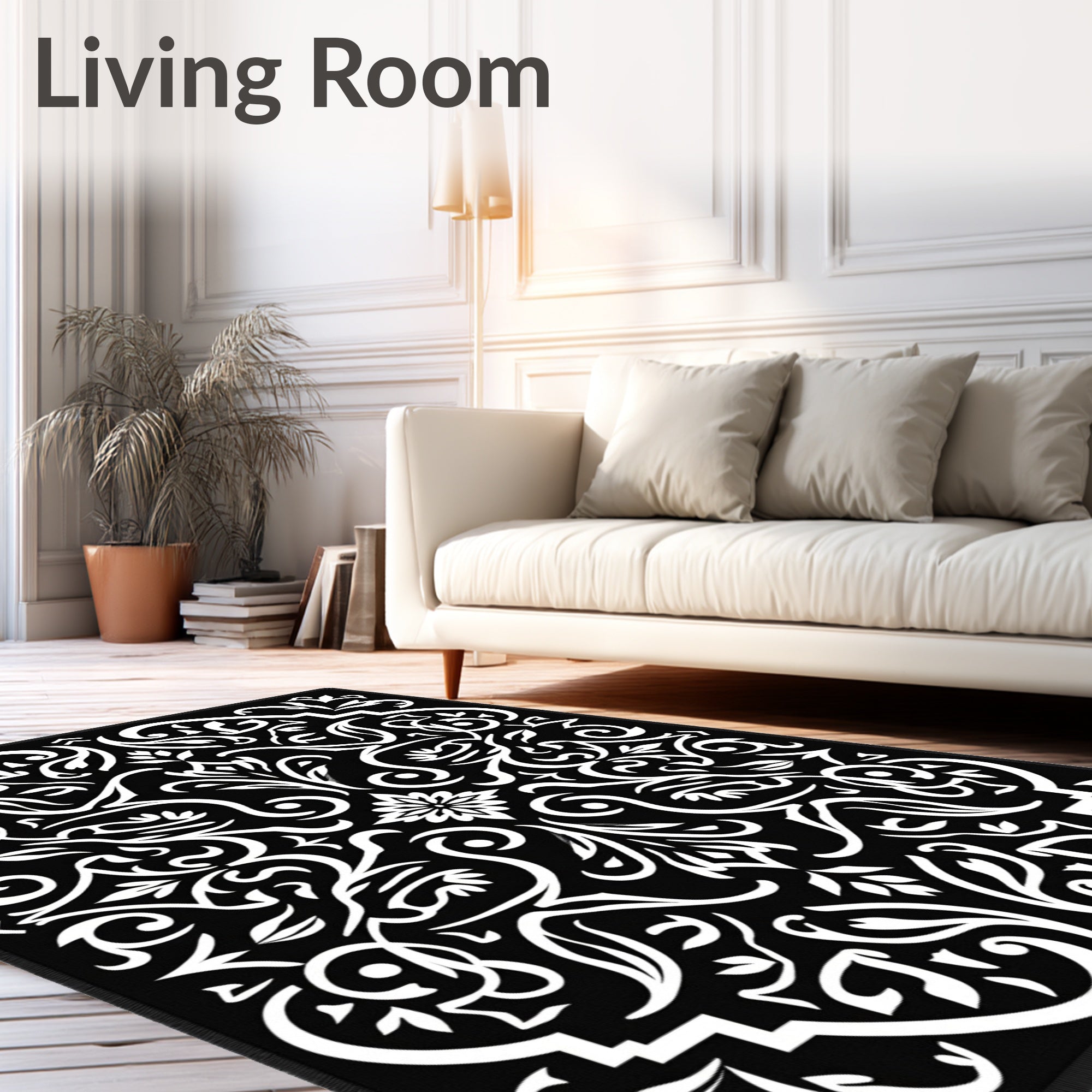 Black White Classic Floral Pattern Rug