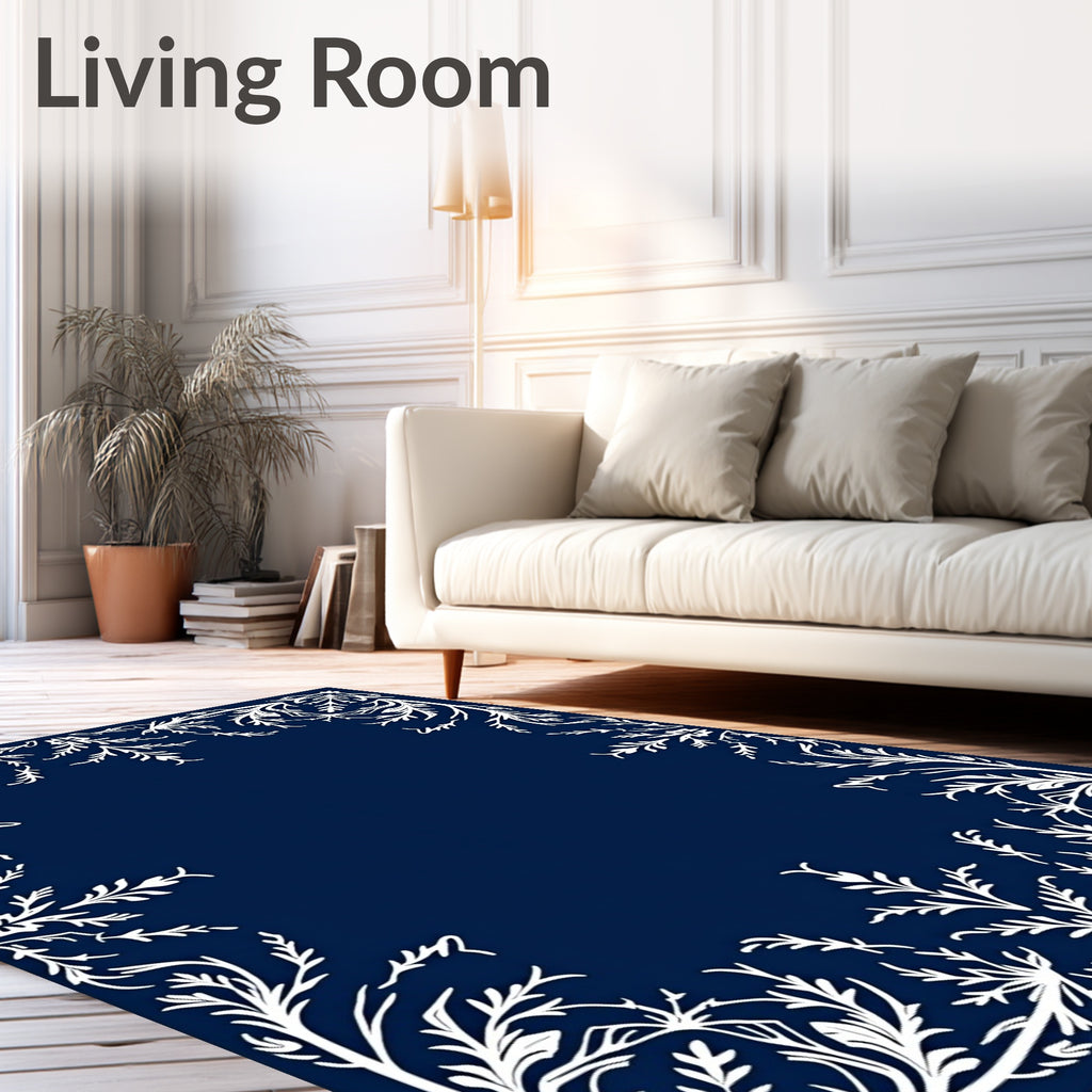 Deep Blue White Floral Border Rug