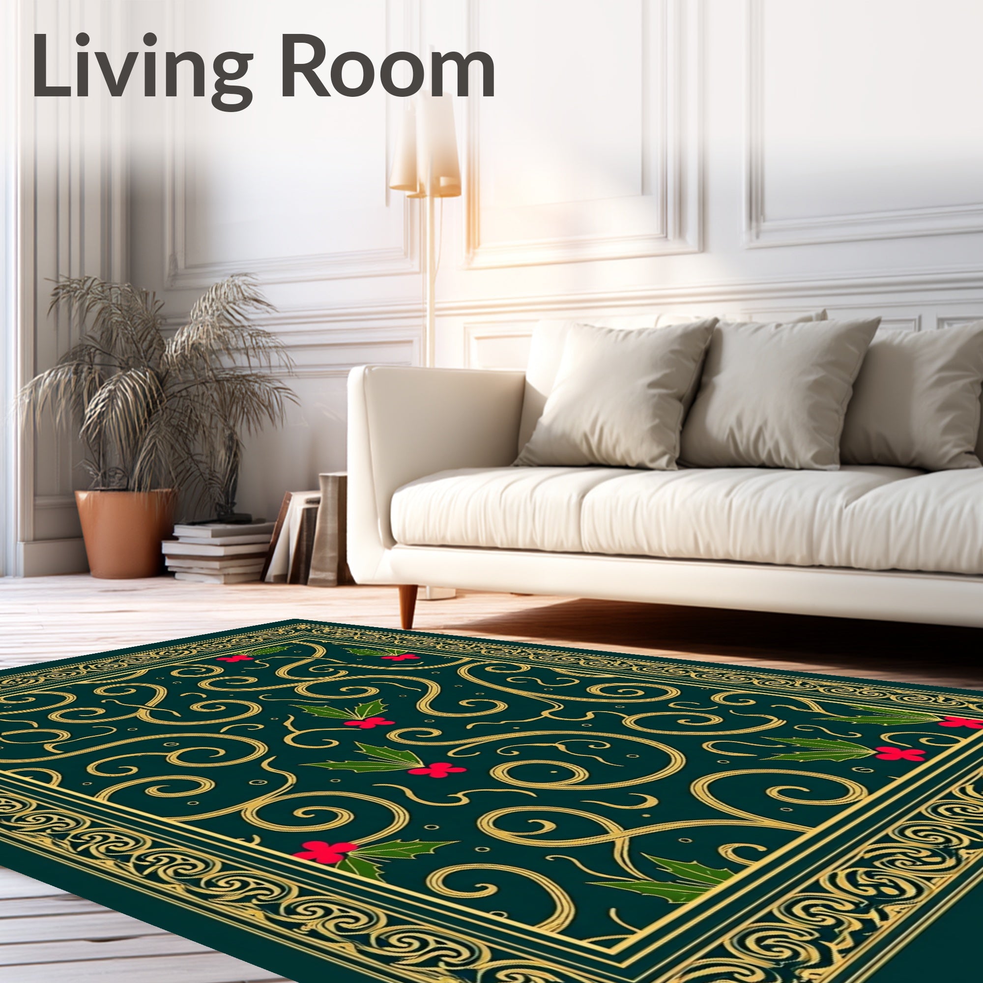Ornate Green Gold Swirl Holly Rug