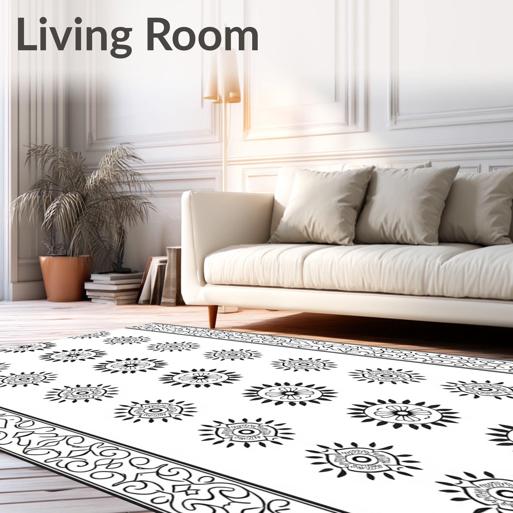 Black White Floral Sunburst Border Rug