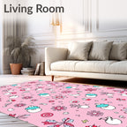Whimsical Pink Cartoon Animals Flowers Rug