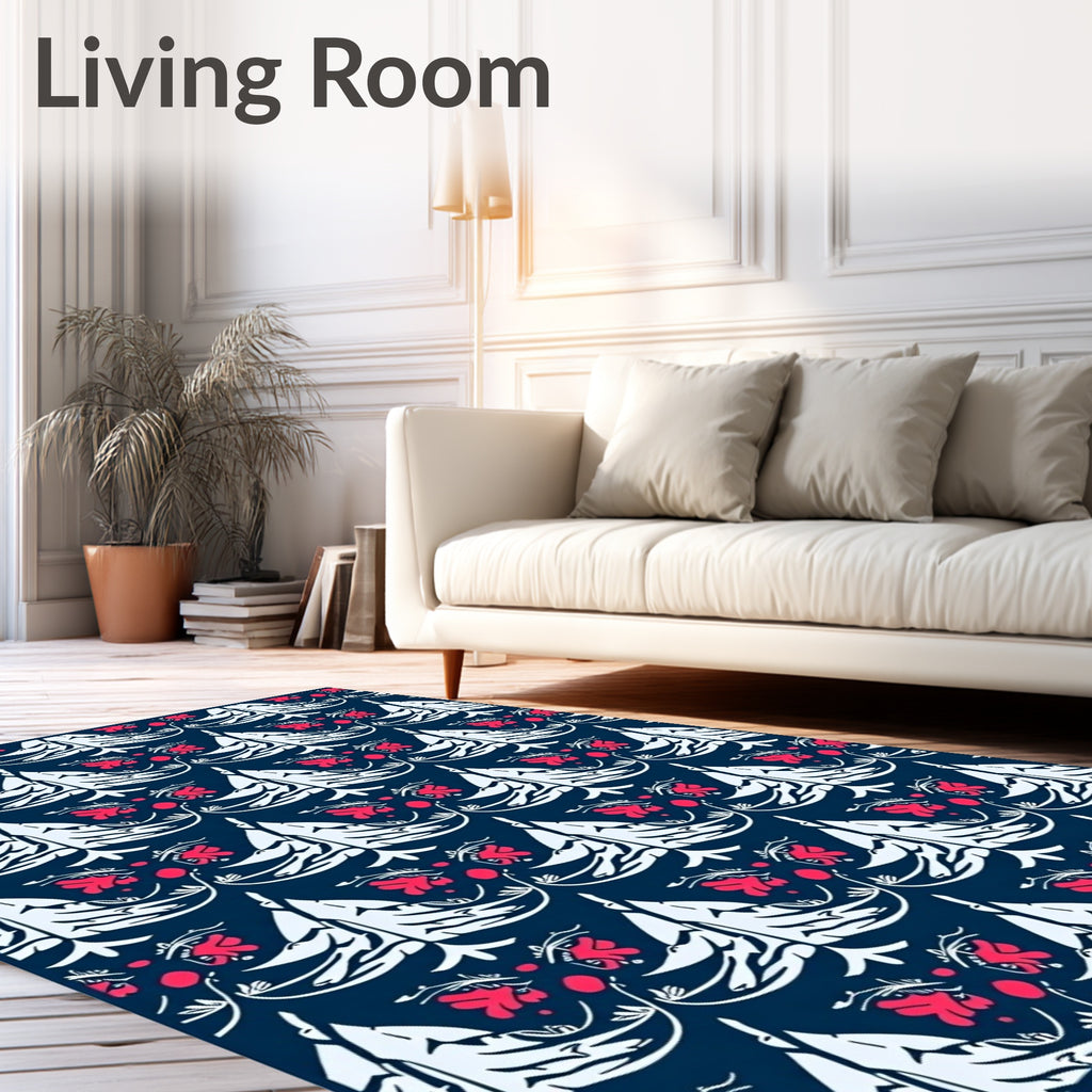 Dark Blue And Coral Floral Medallion Rug