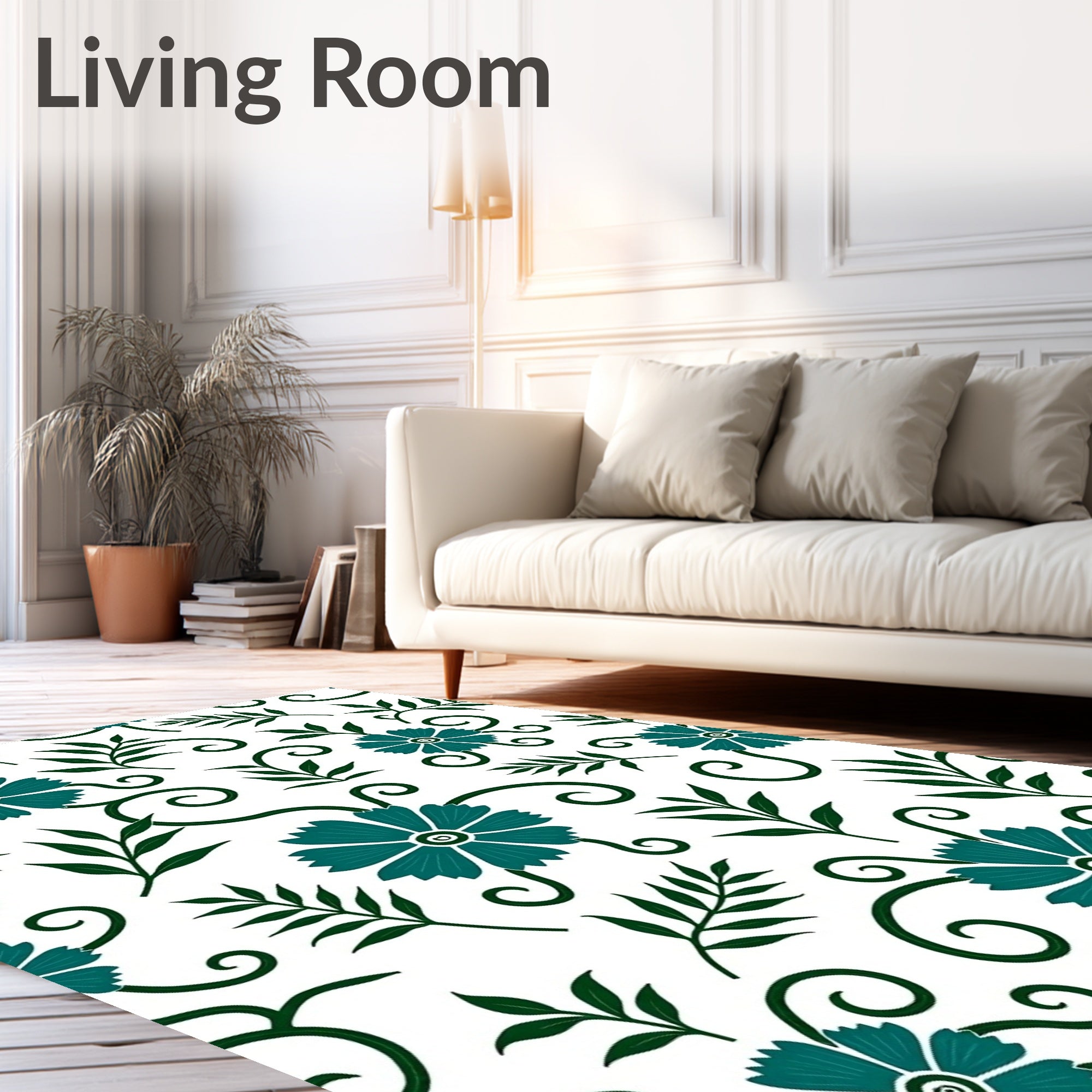 Teal Floral Vine Swirl Pattern Rug