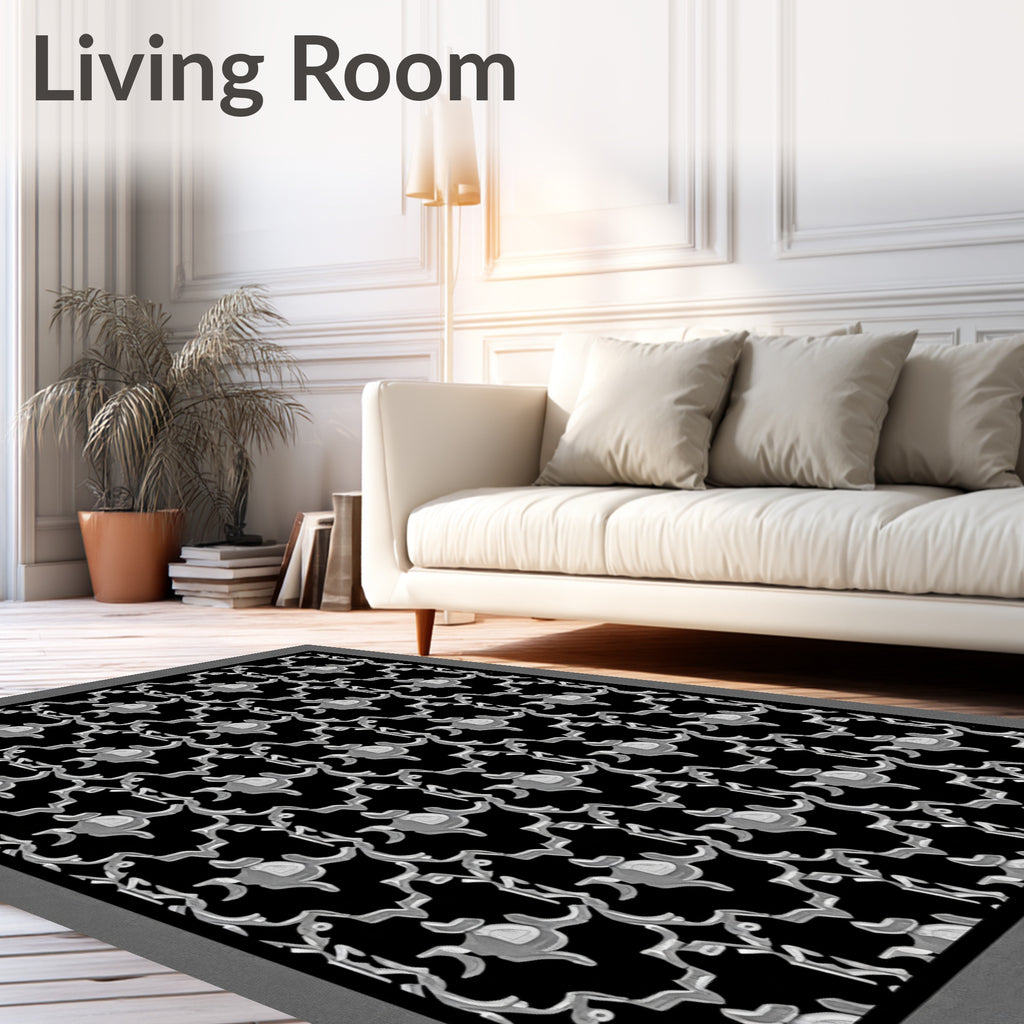 Intricate Black White Floral Pattern Rug