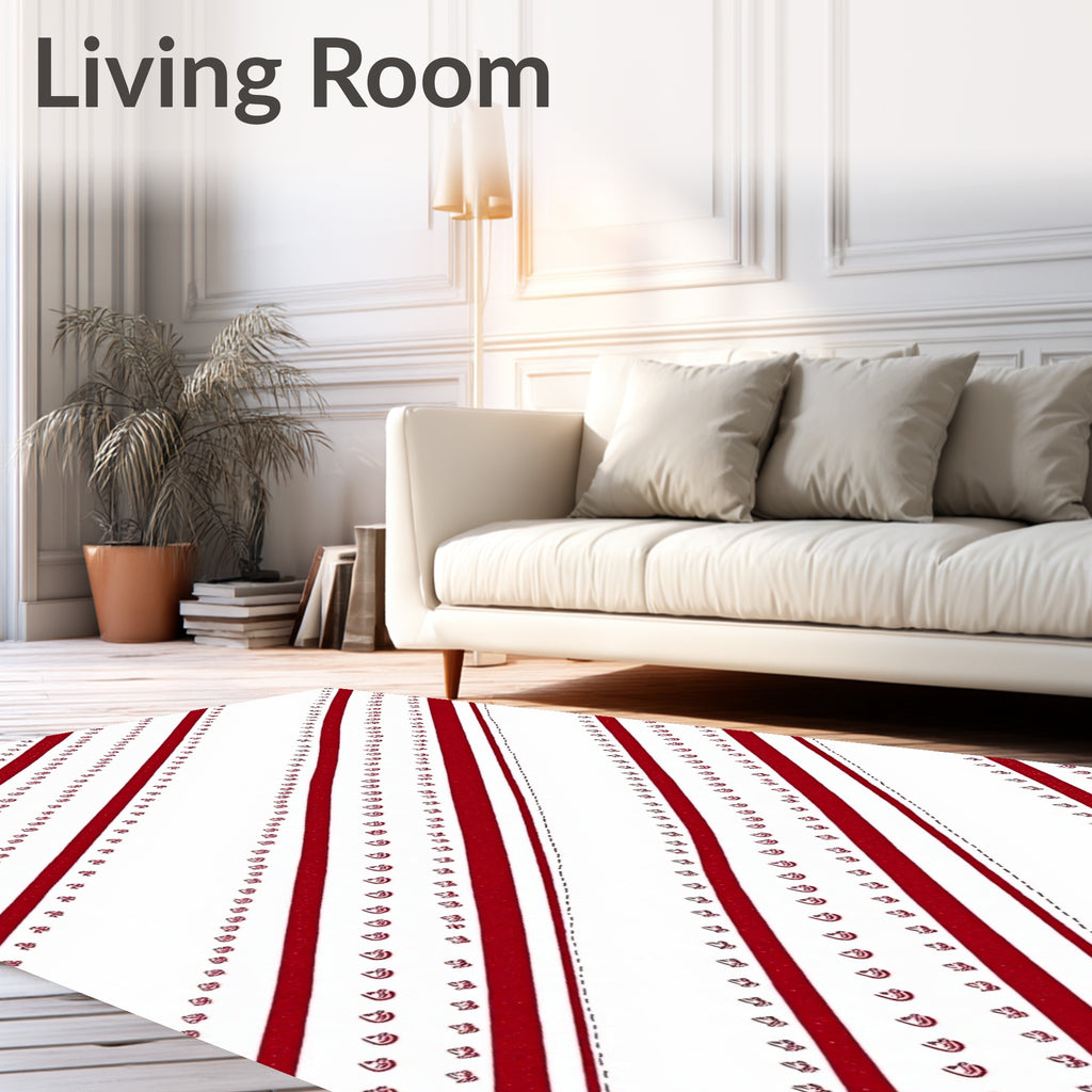 Red White Diagonal Stripe Floral Rug
