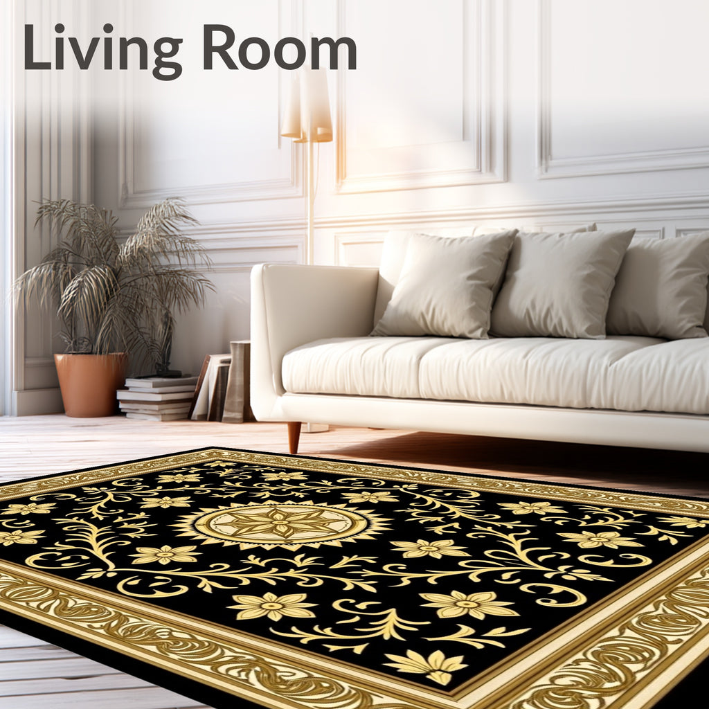 Black Gold Floral Medallion Garden Rug