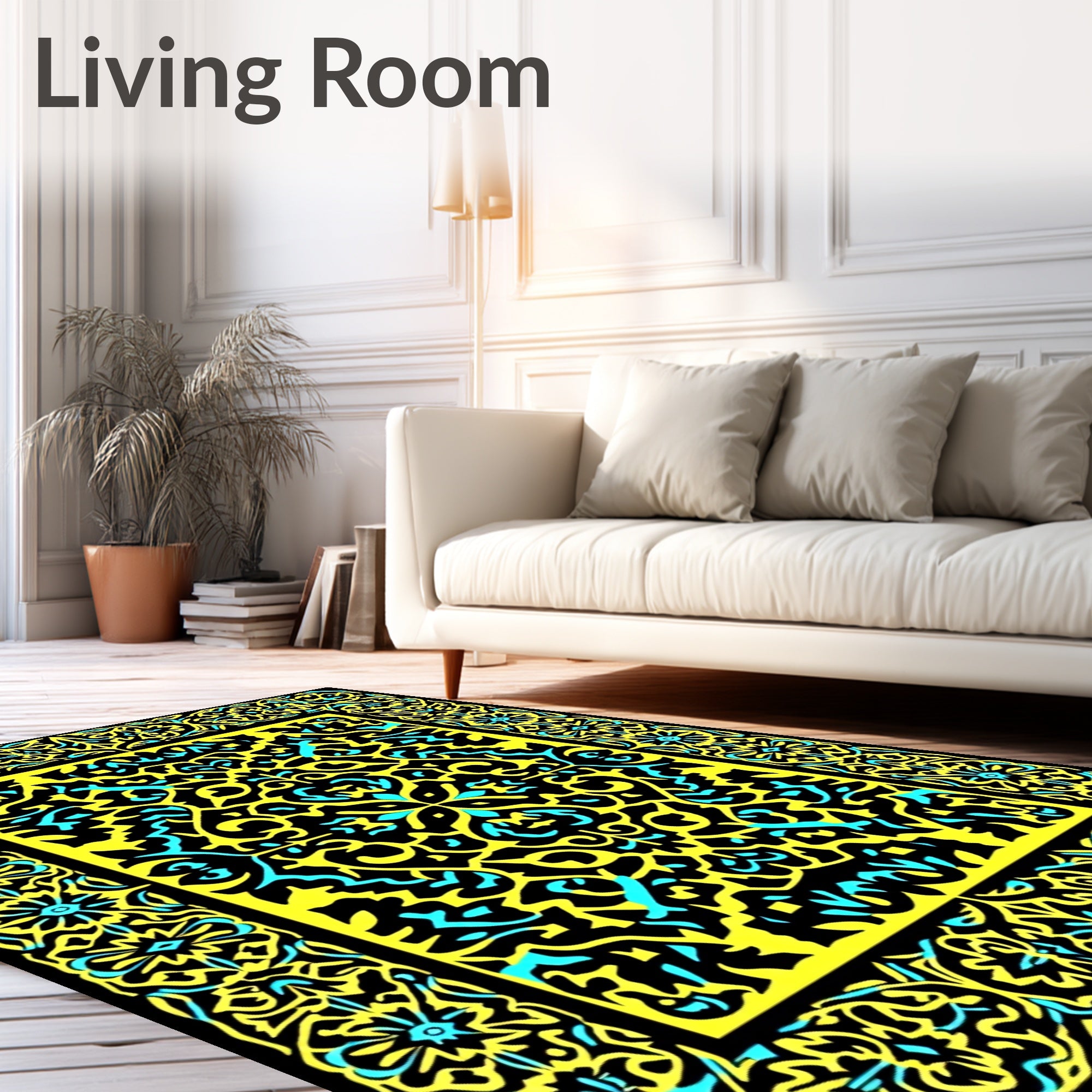 Bold Black Yellow Turquoise Floral Rug