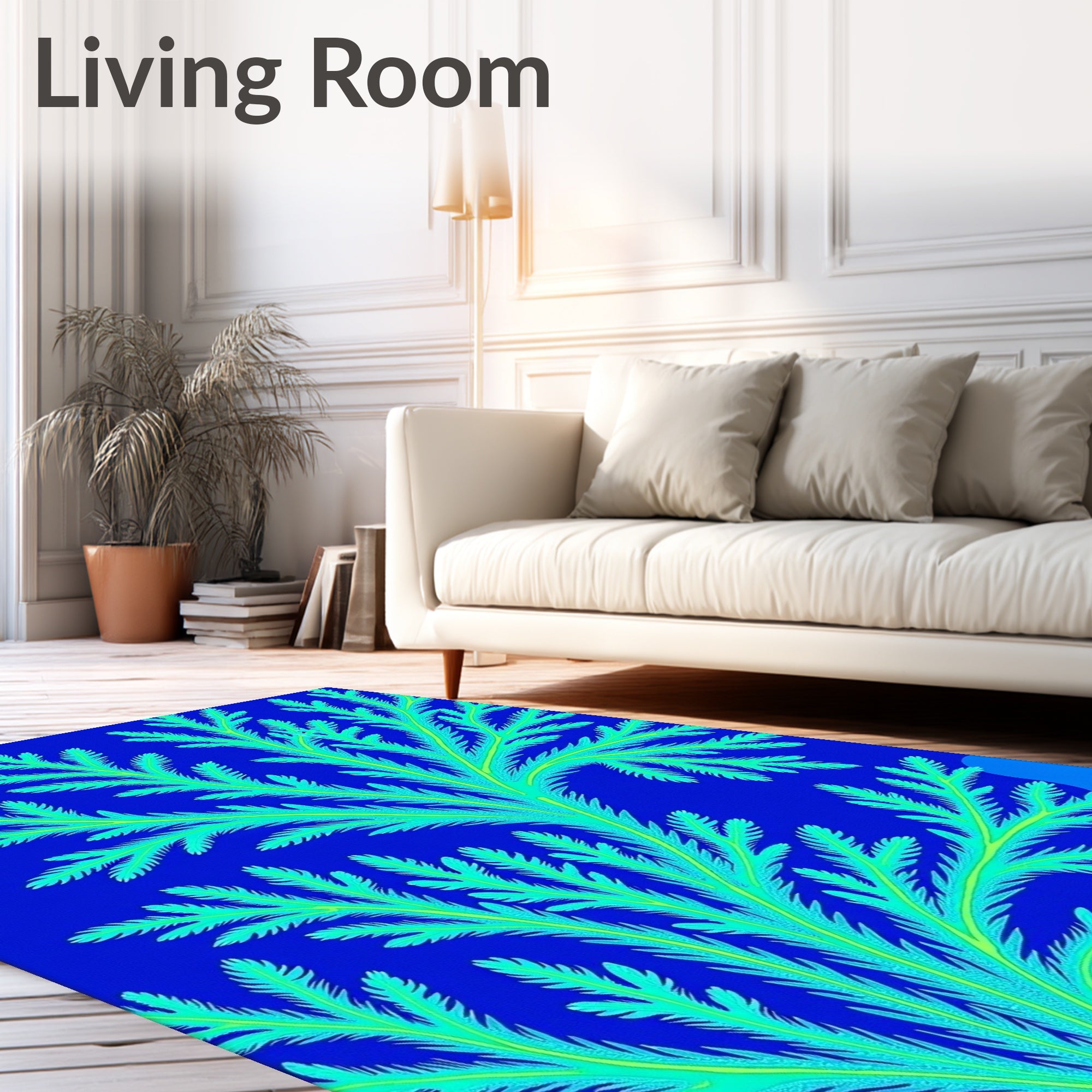 Vibrant Blue Green Fern Pattern Rug