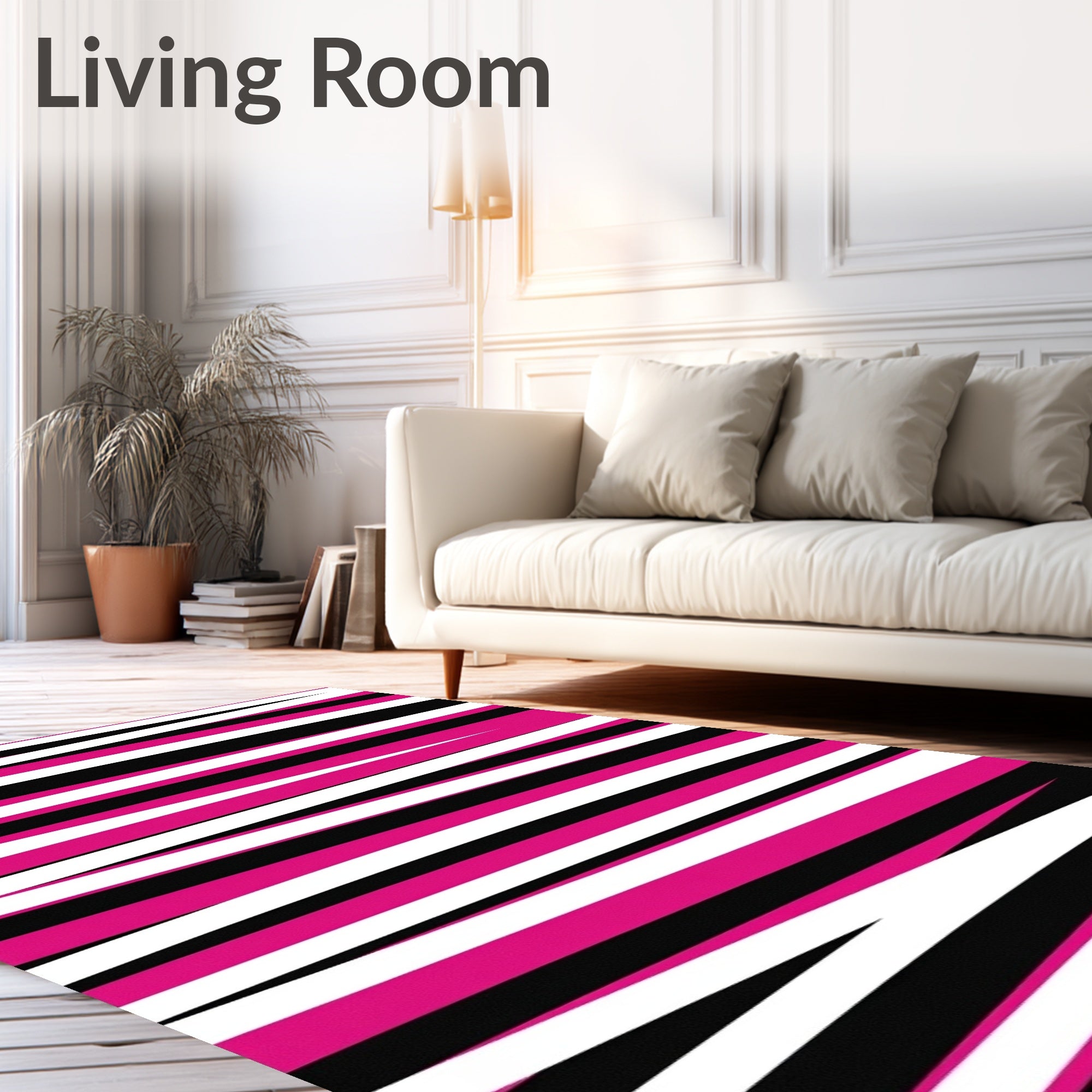 Bold Pink Black White Stripe Design Rug