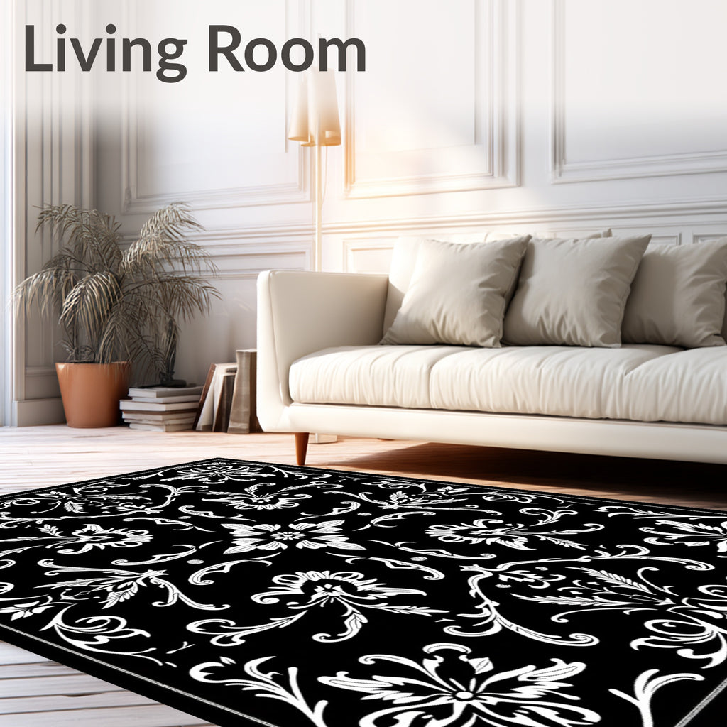 Black White Floral Damask Pattern Rug