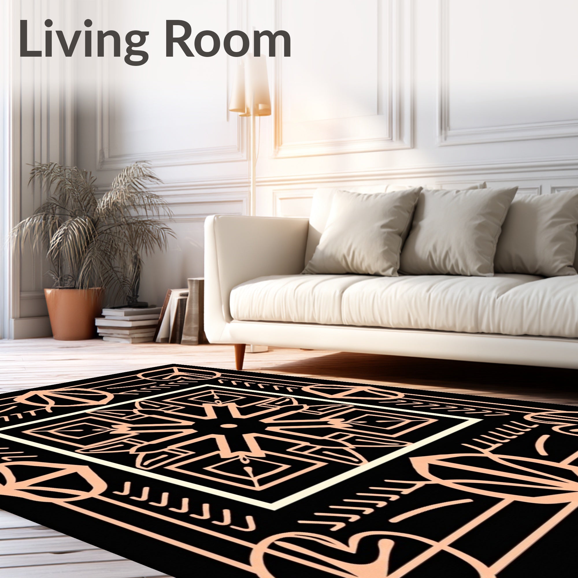 Black Rose Gold Geometric Floral Rug