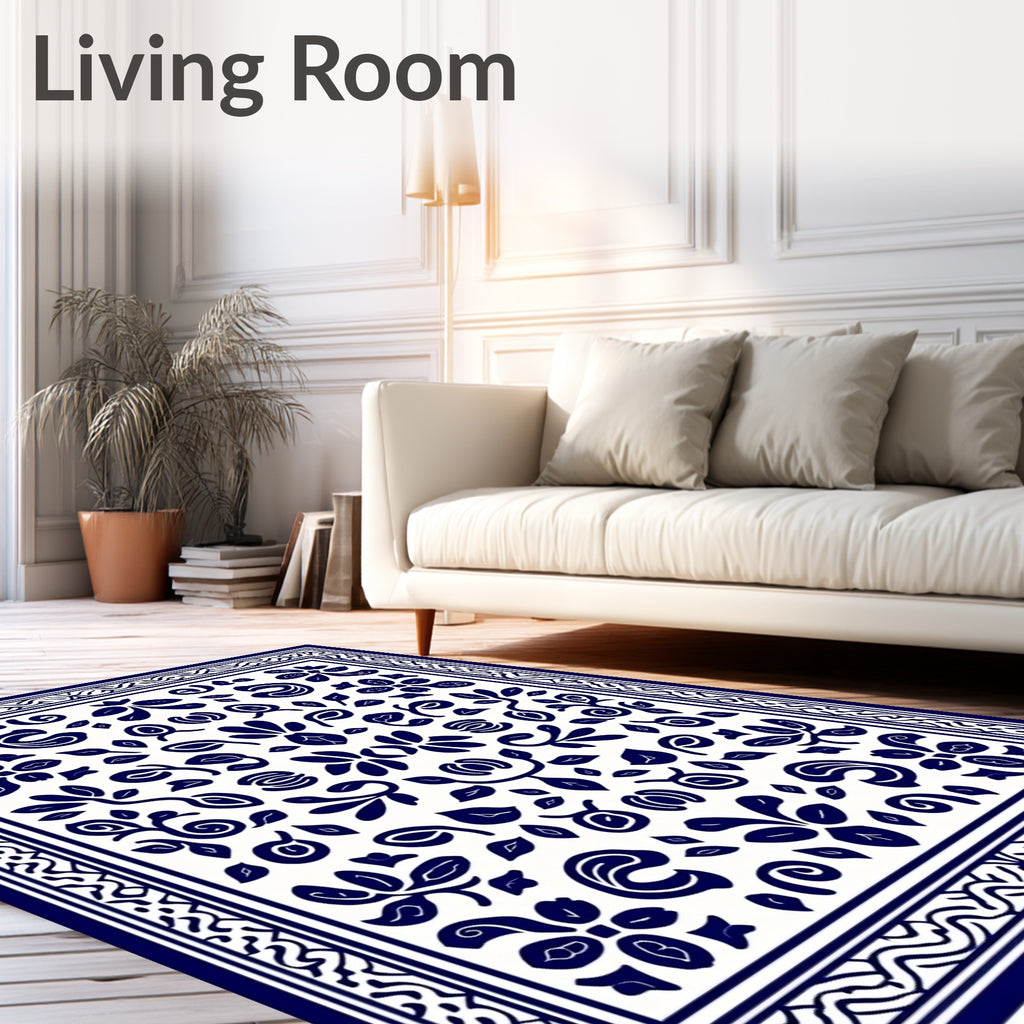 Classic Blue White Floral Pattern Rug