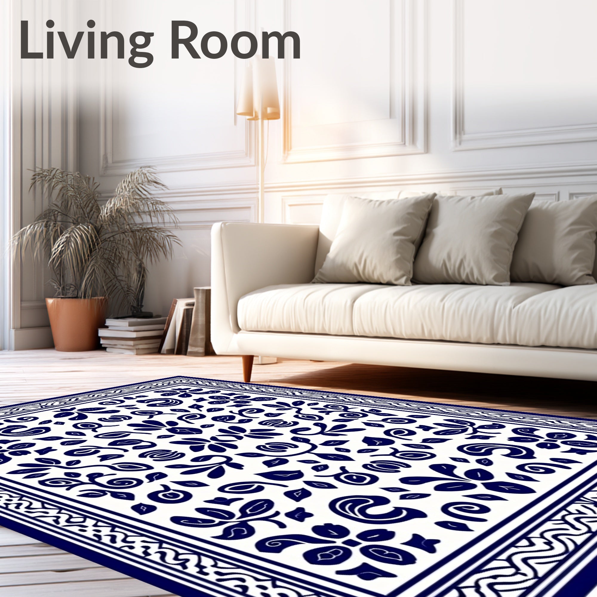 Classic Blue White Floral Pattern Rug