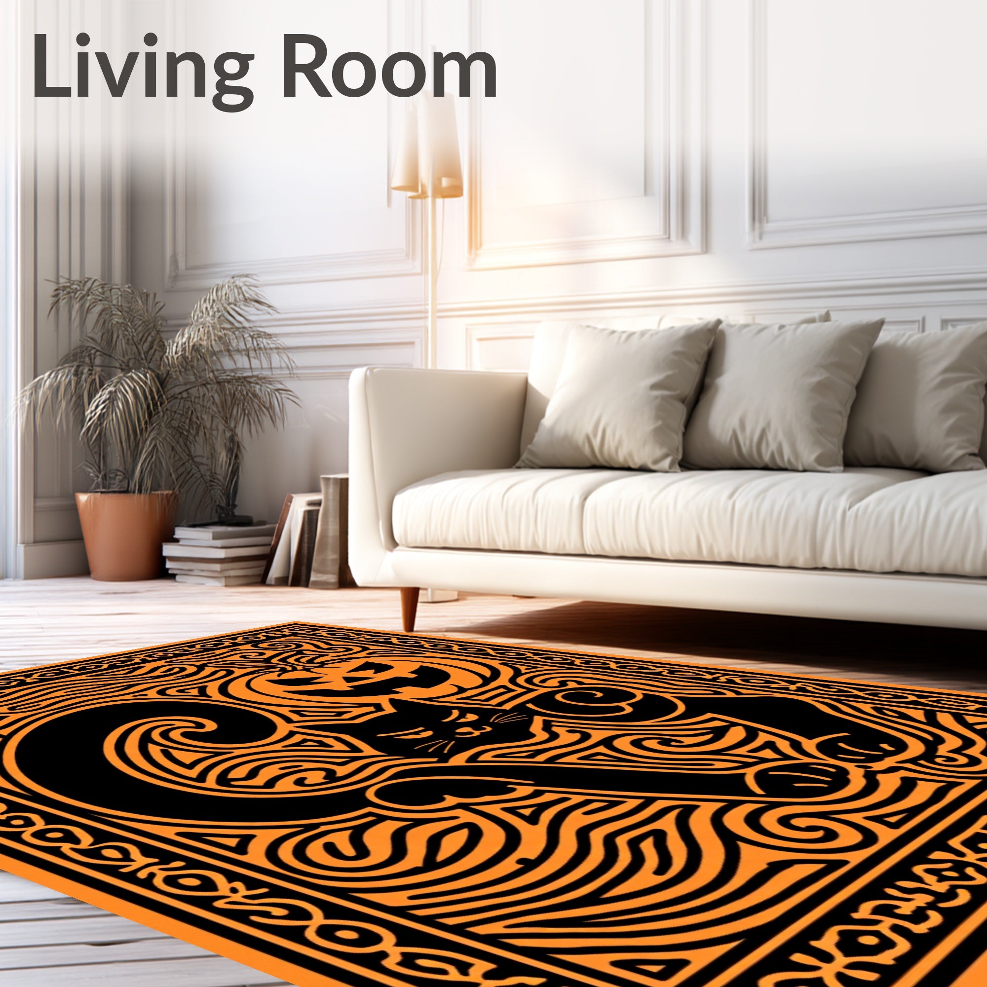Spooky Black Cat Pumpkin Whimsical Swirls Rug