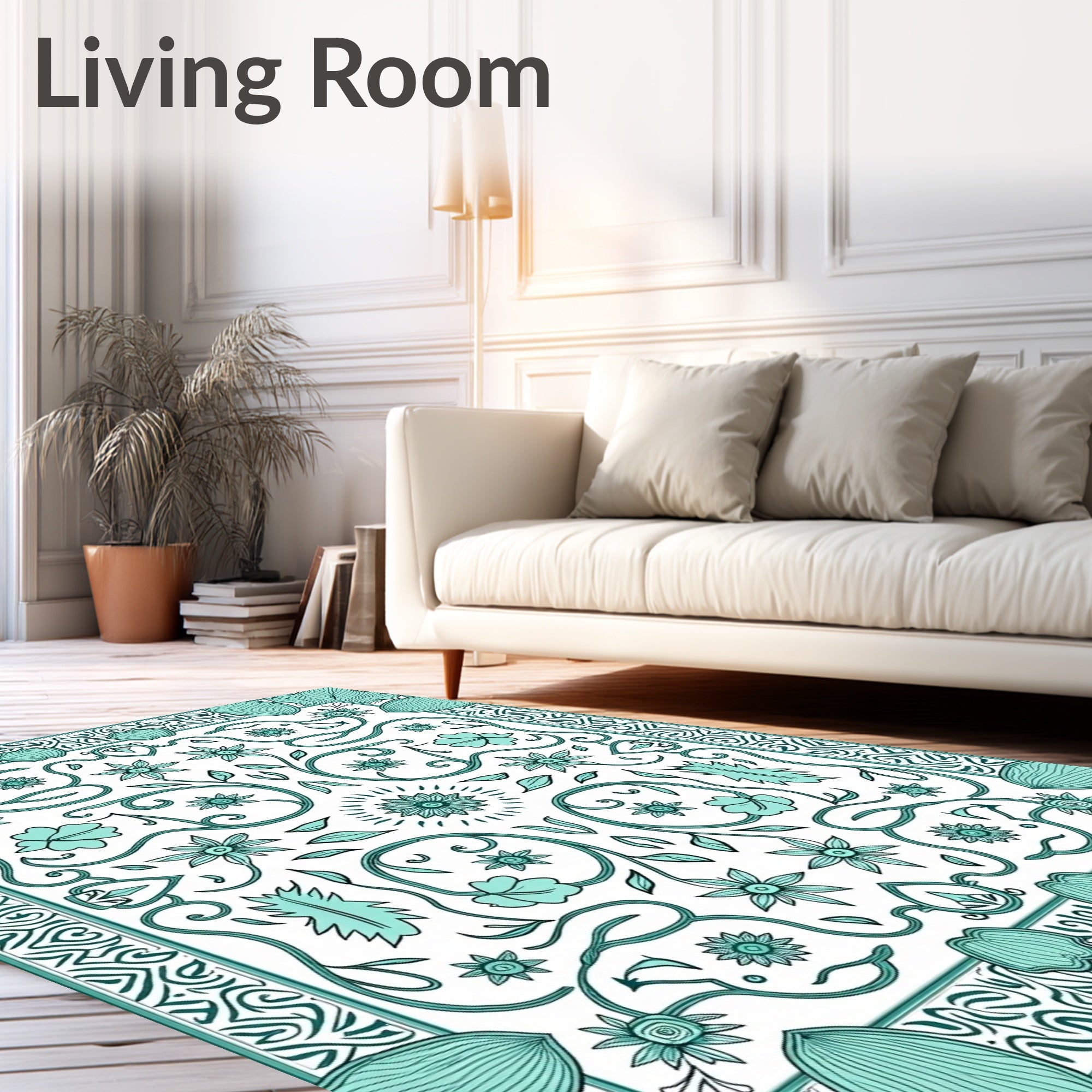 Aqua Floral Vine Medallion Design Rug