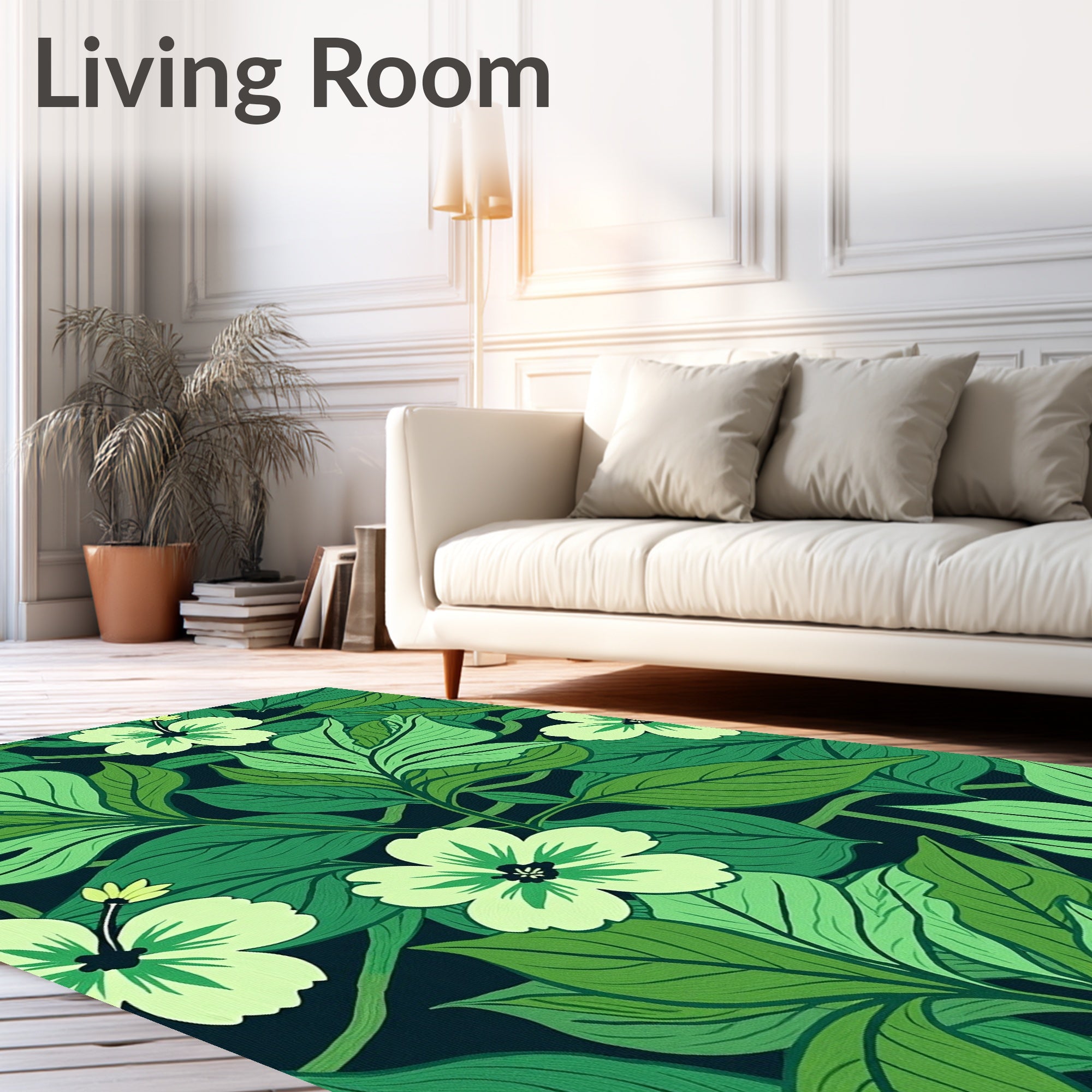 Earthy Green Floral Leaves Pattern Rug