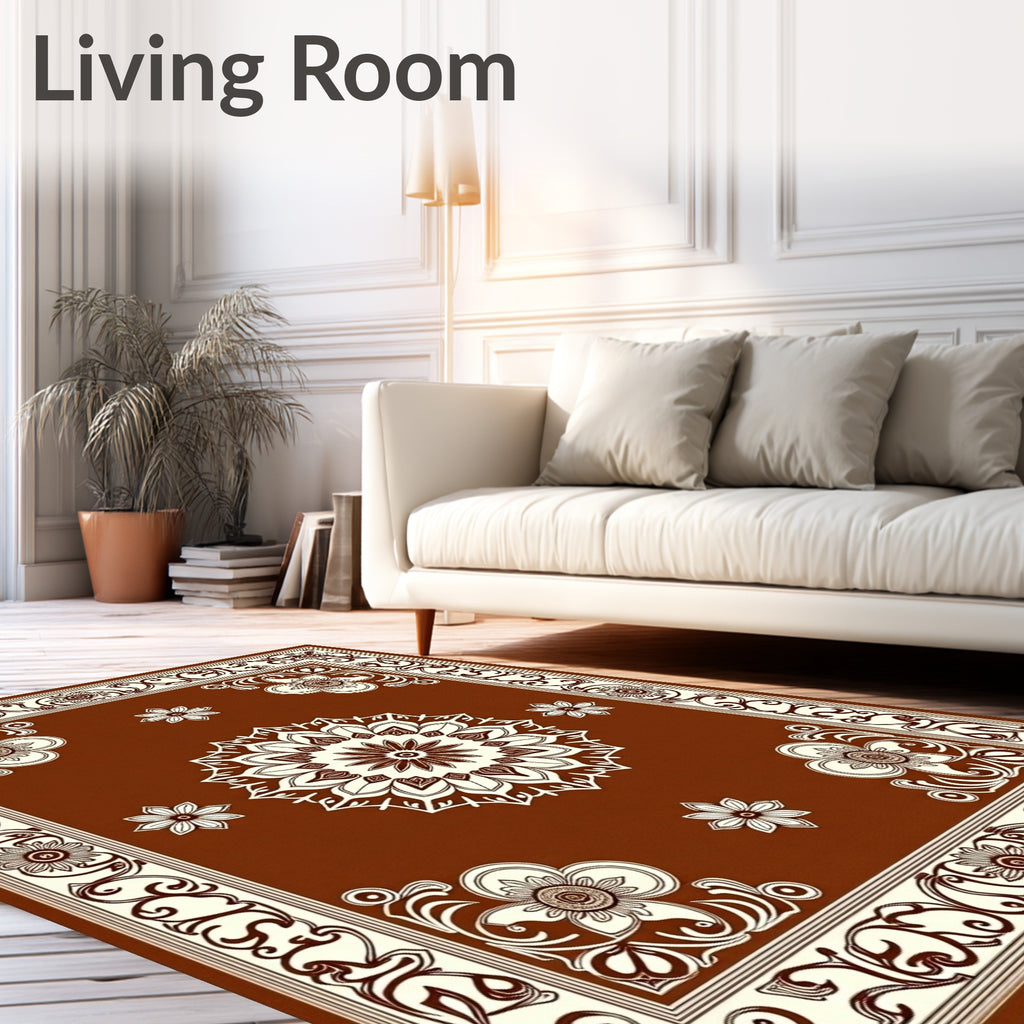 Brown Floral Mandala And Border Rug