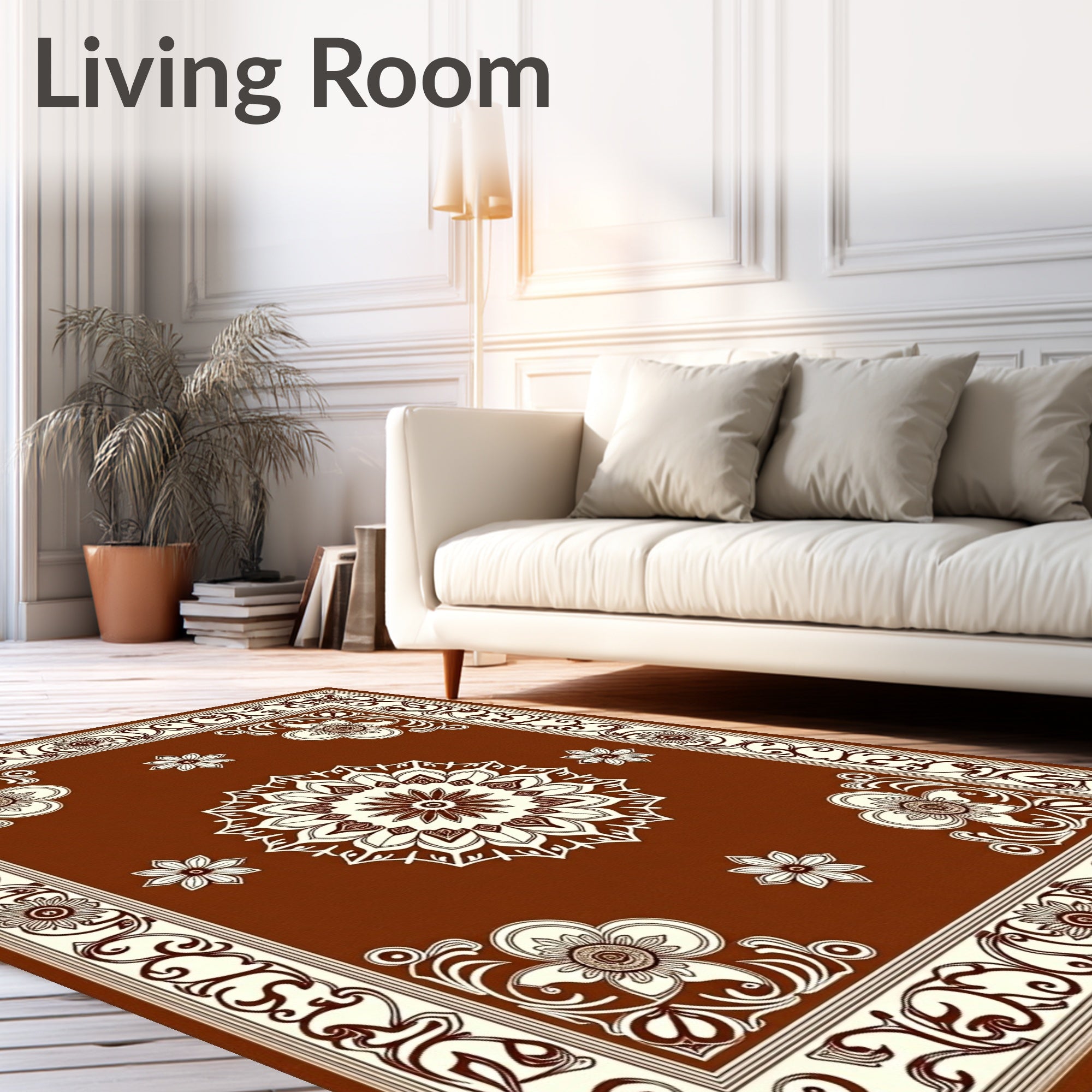 Brown Floral Mandala And Border Rug