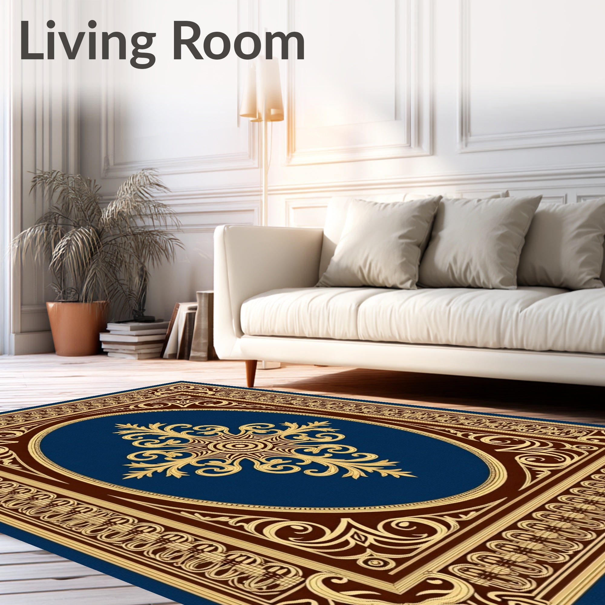 Ornate Blue Gold Floral Medallion Rug