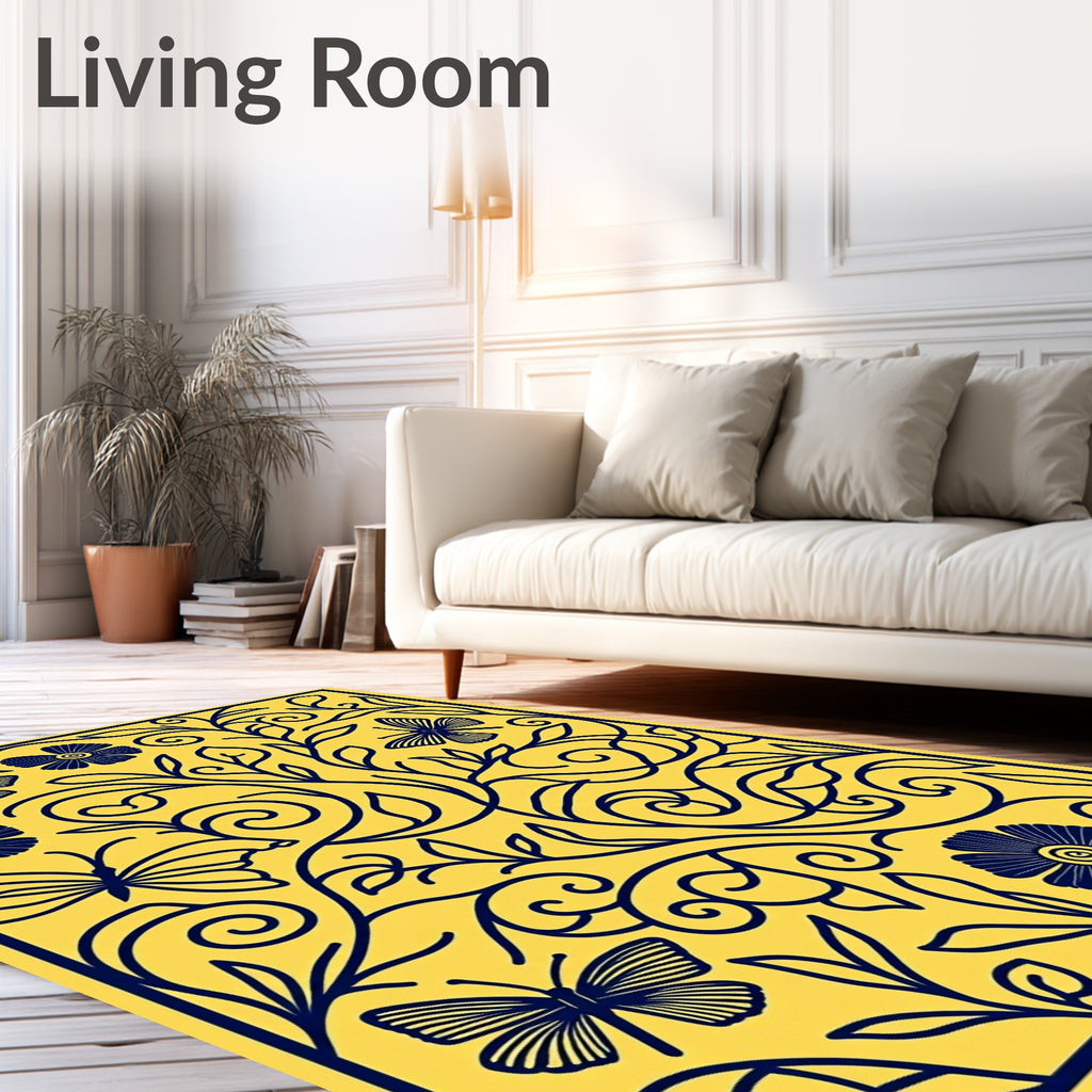 Blue Floral Butterflies On Yellow Background Rug