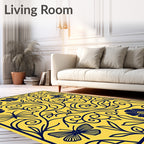 Blue Floral Butterflies On Yellow Background Rug
