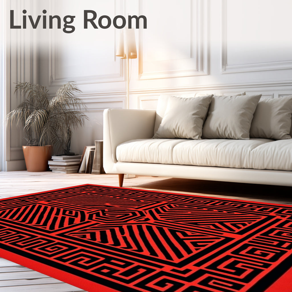 Bold Red Black Geometric Maze Design Rug