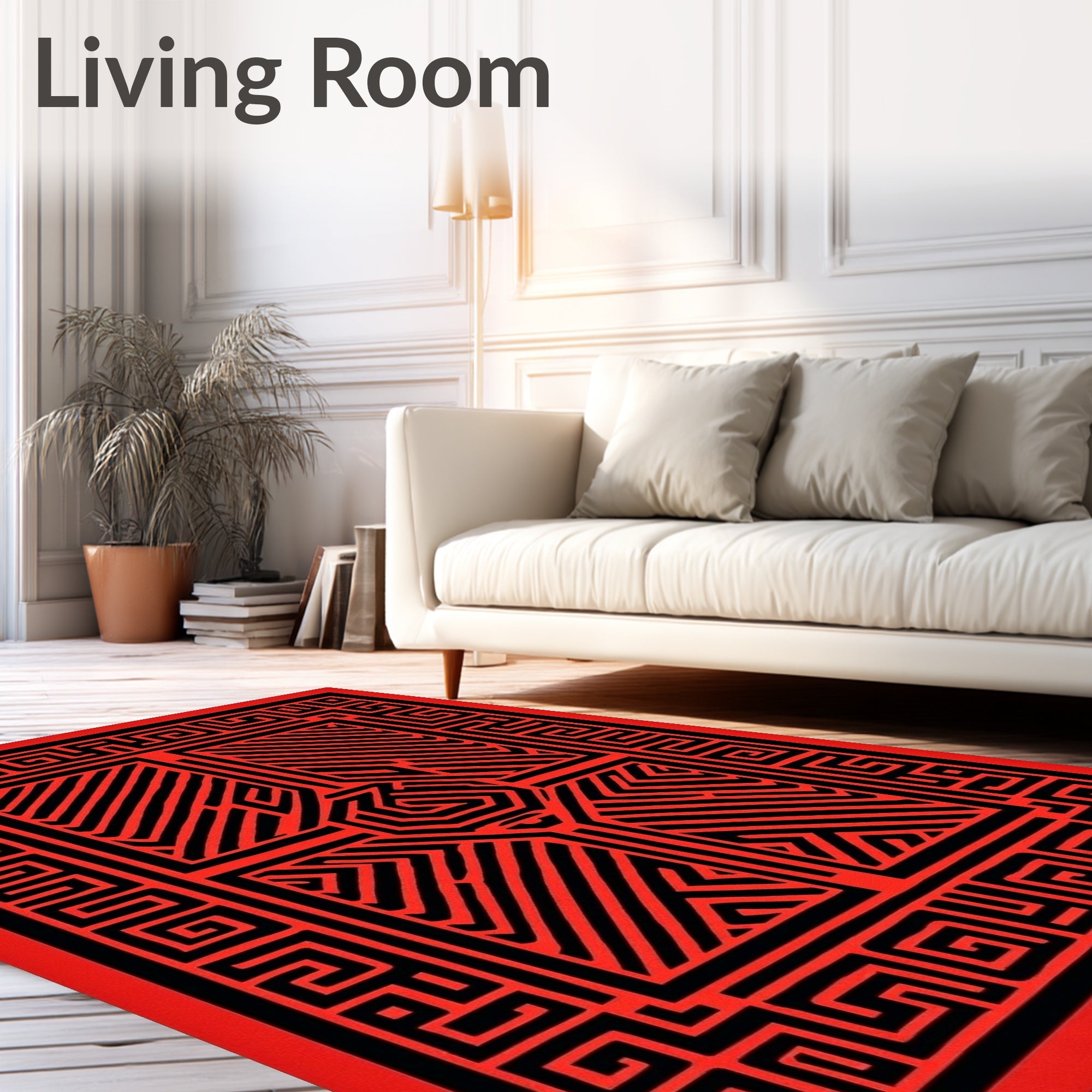 Bold Red Black Geometric Maze Design Rug