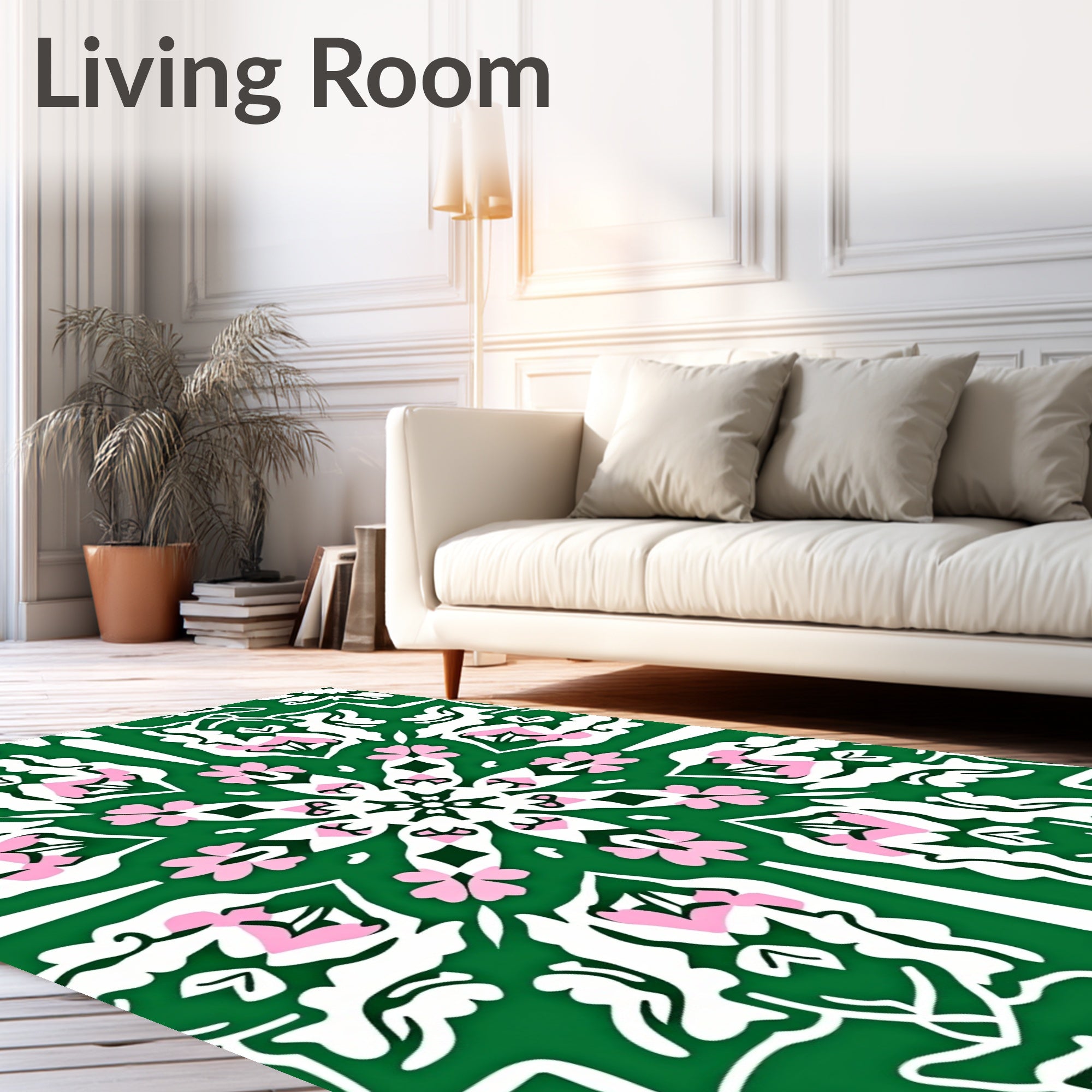 Green White Pink Floral Mandala Design Rug