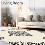 Elegant Black Ivory Damask Pattern Rug