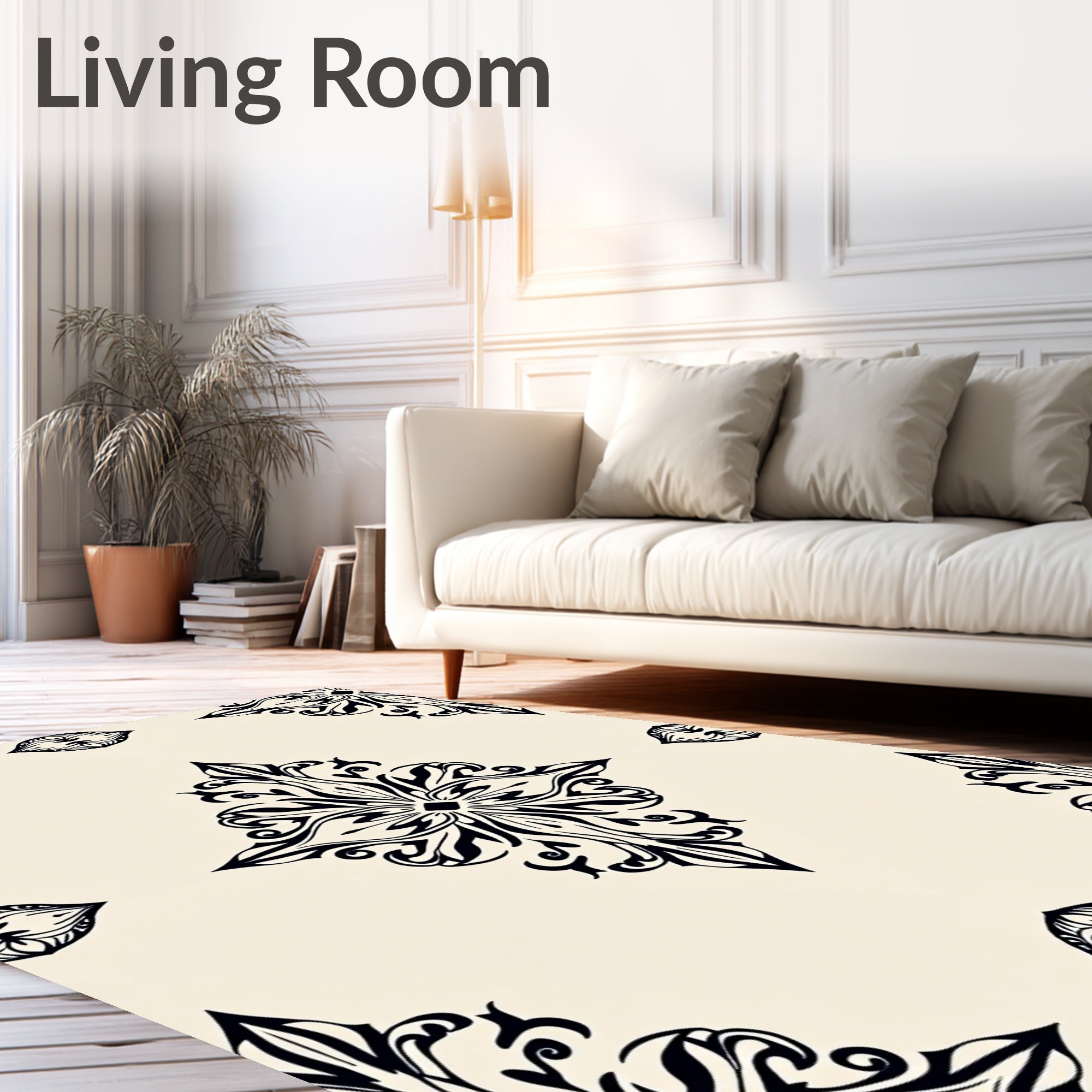 Elegant Black Ivory Damask Pattern Rug