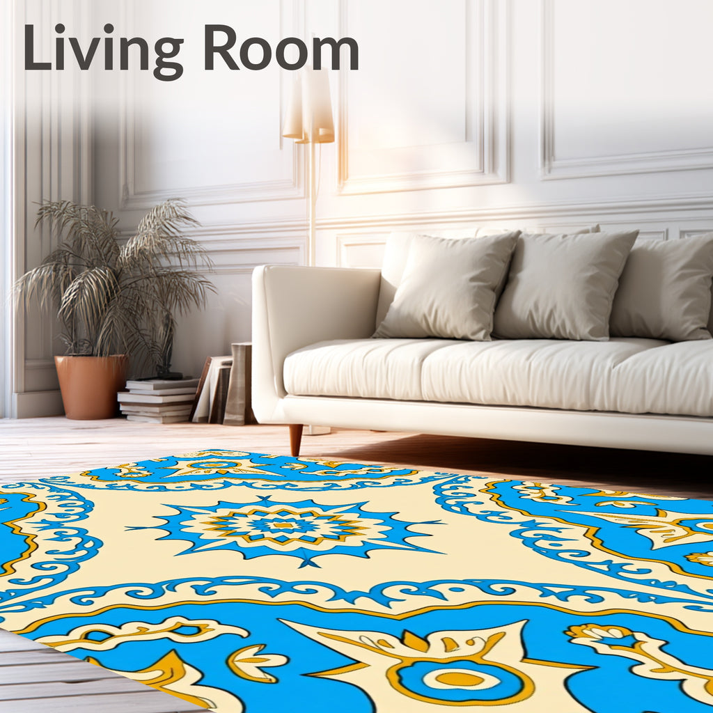 Ornate Blue Gold Floral Medallion Design Rug