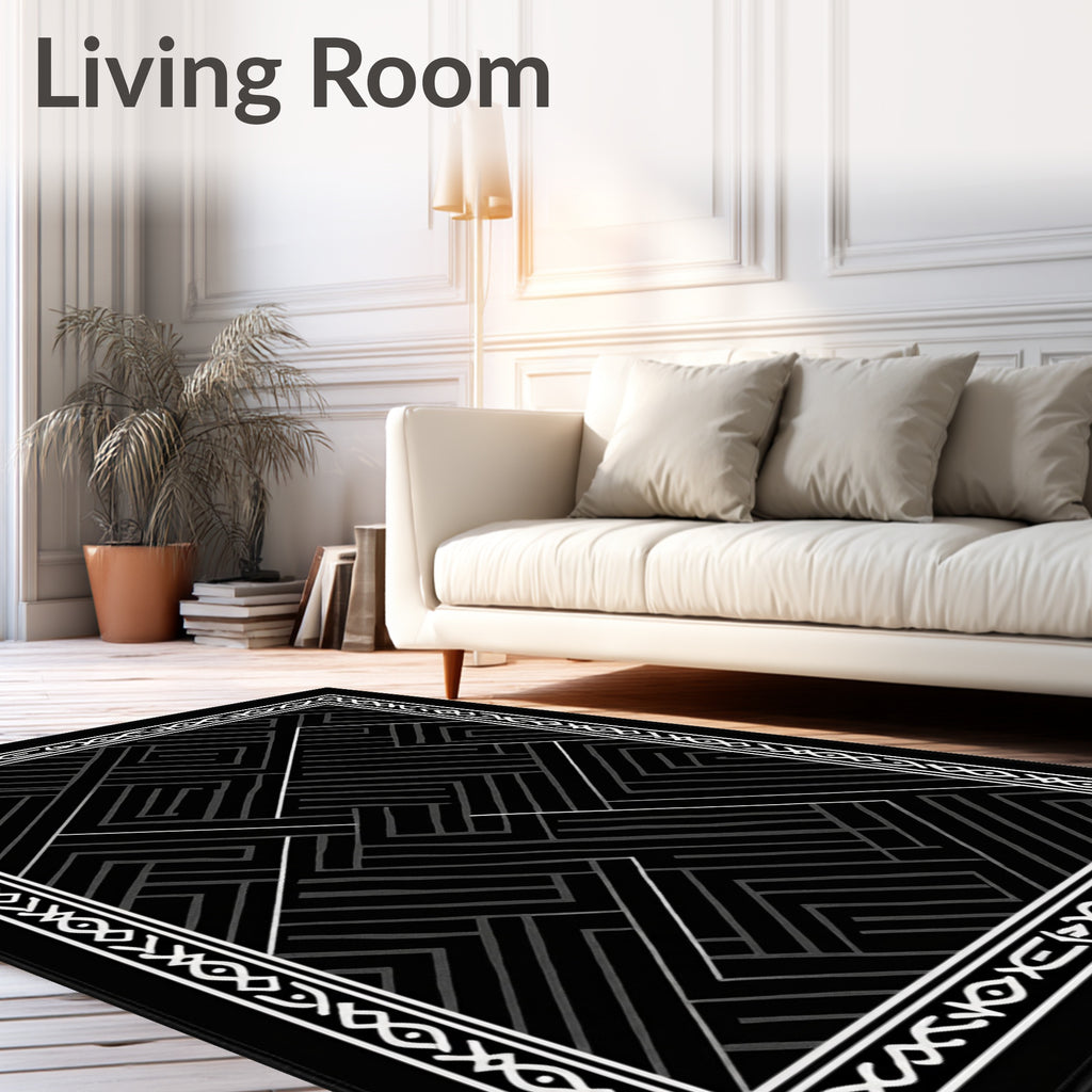 Geometric Maze Pattern Black White Rug