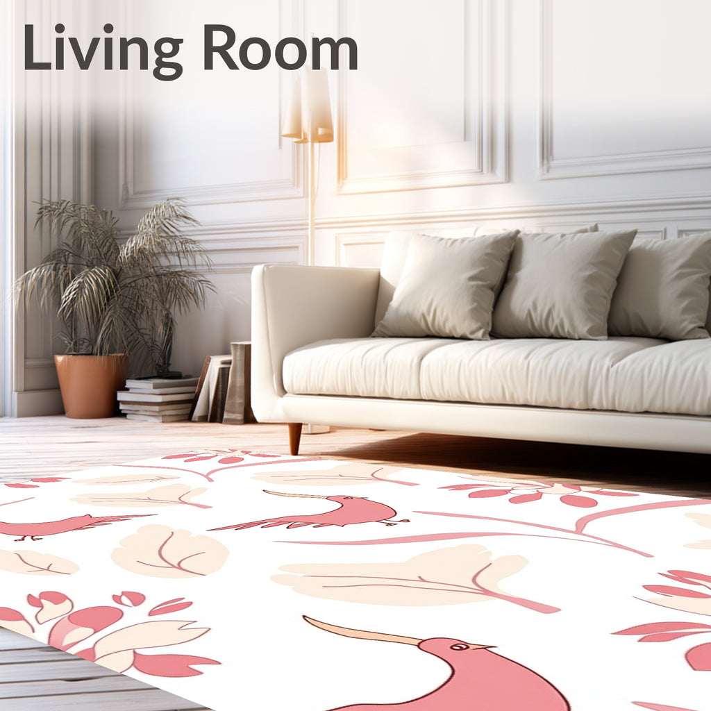 Pink Birds and Botanical Forms Pattern Rug
