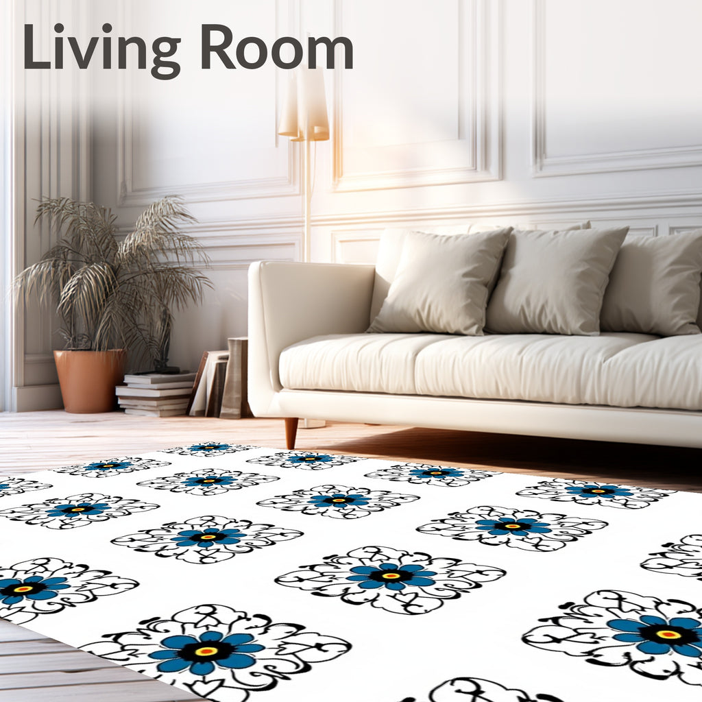 Charming Blue Floral Square Pattern Rug