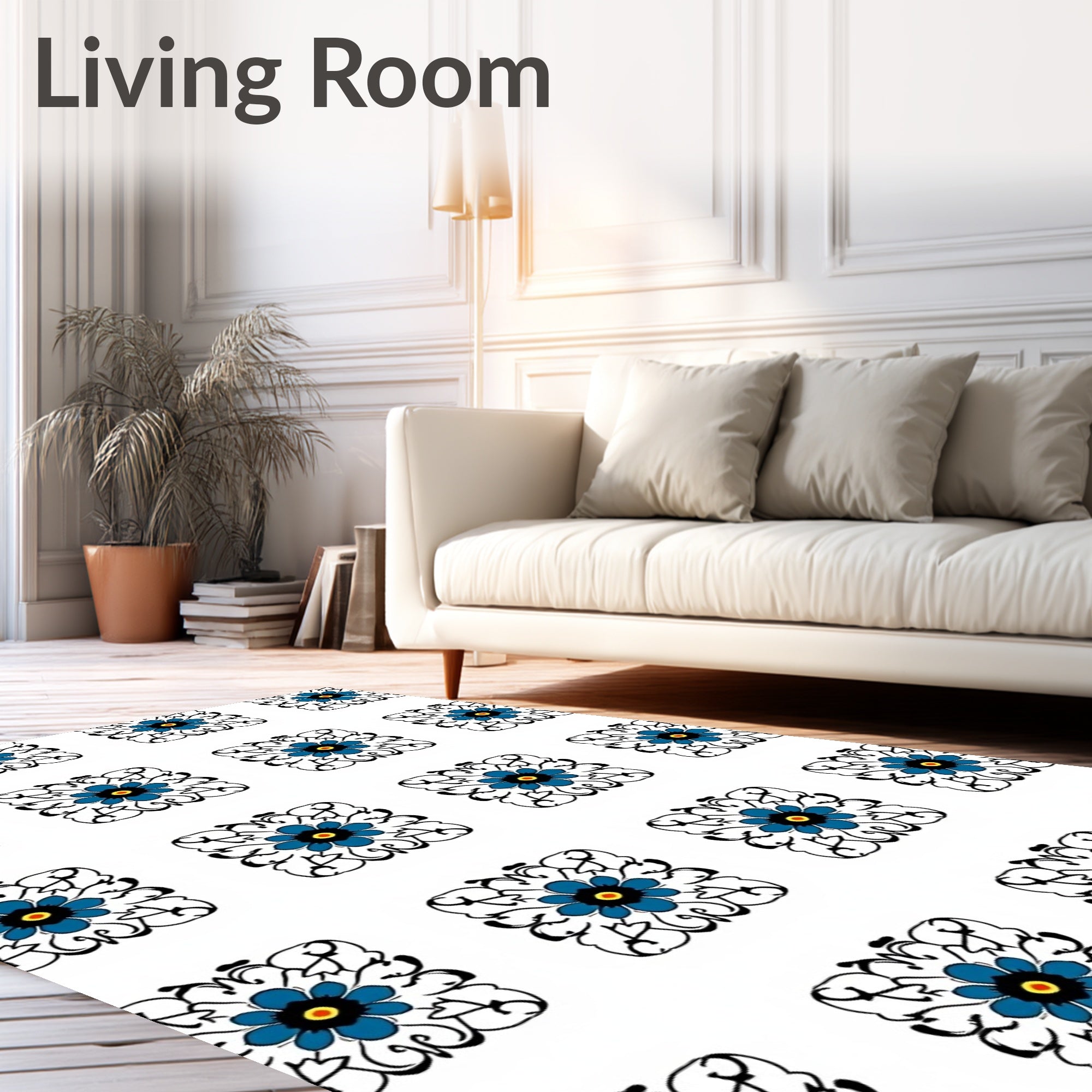 Charming Blue Floral Square Pattern Rug