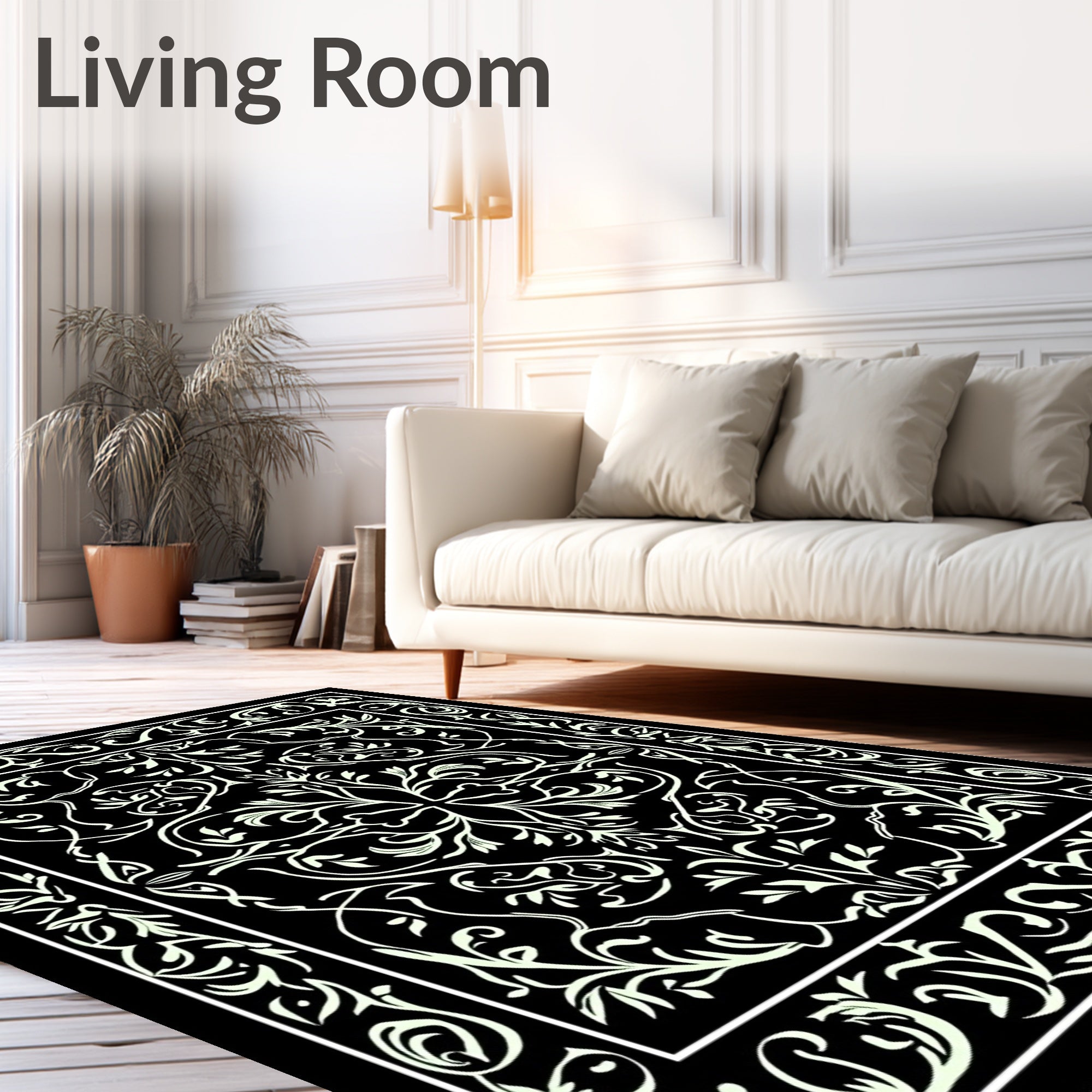 Black White Detailed Floral Pattern Rug