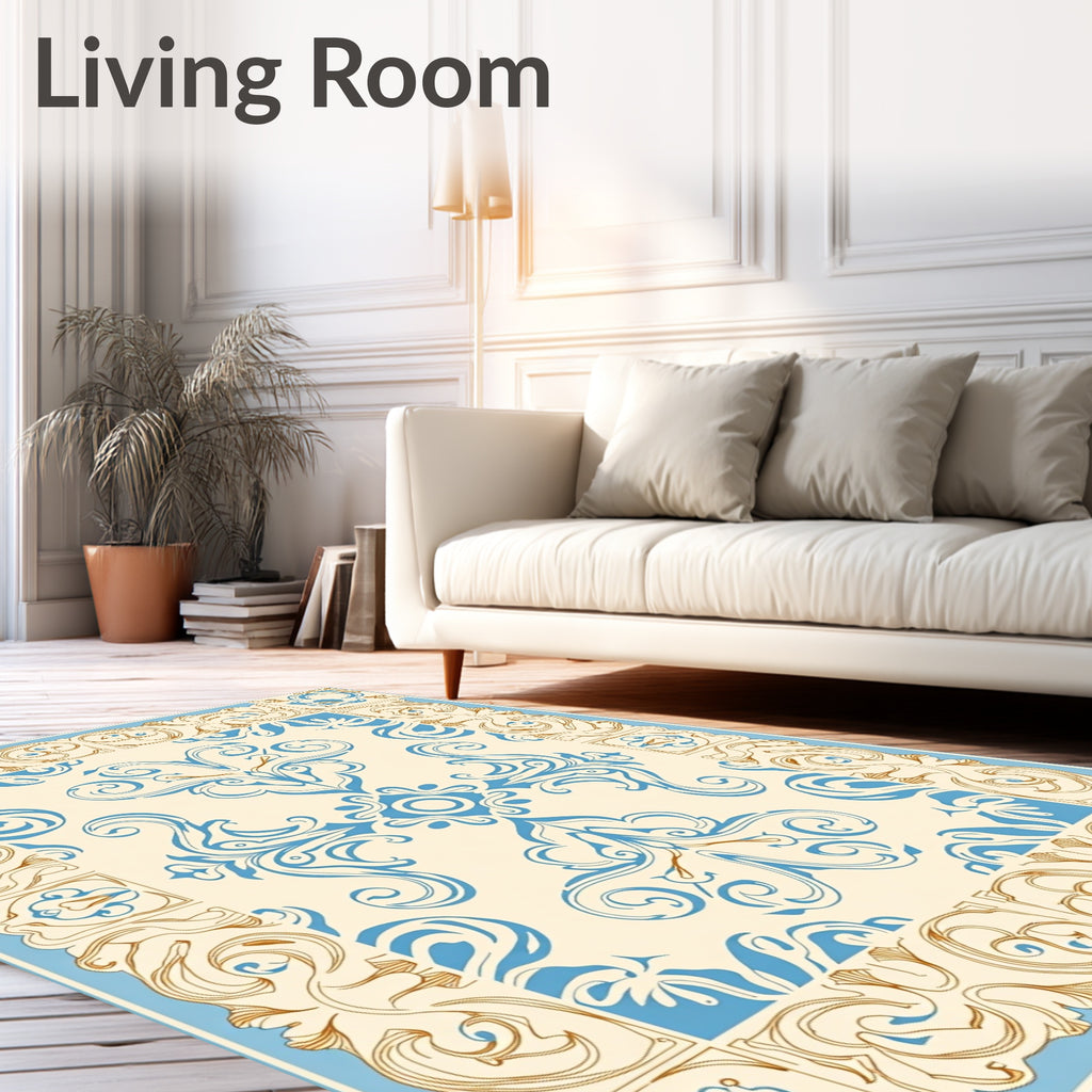 Cream Blue Golden Swirl Floral Pattern Rug