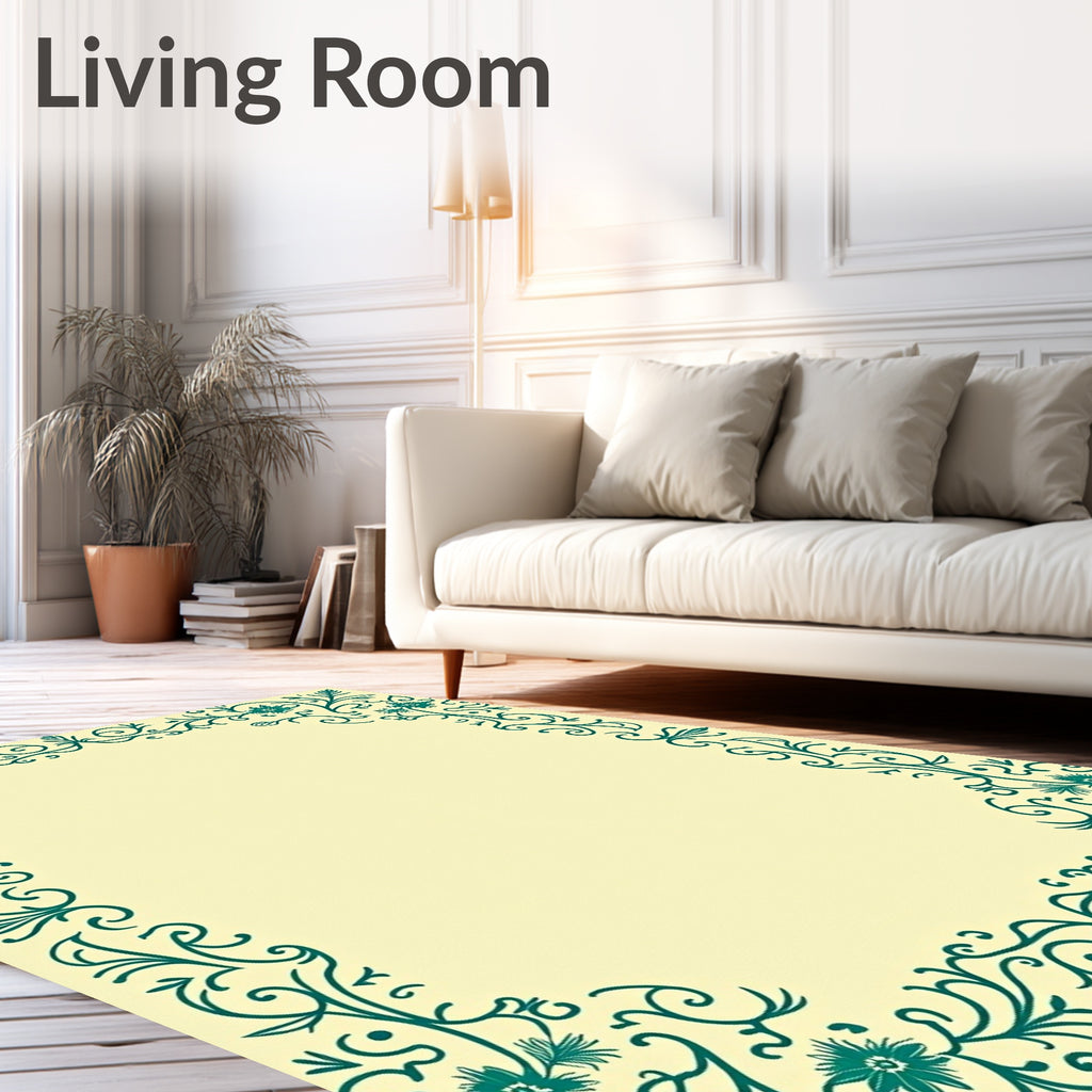 Teal Floral Vine Border Pattern Rug