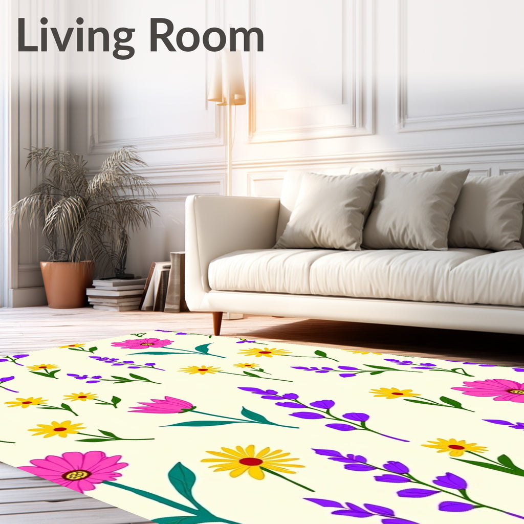 Whimsical Floral Pattern With Yellow Pink Flowers Rug