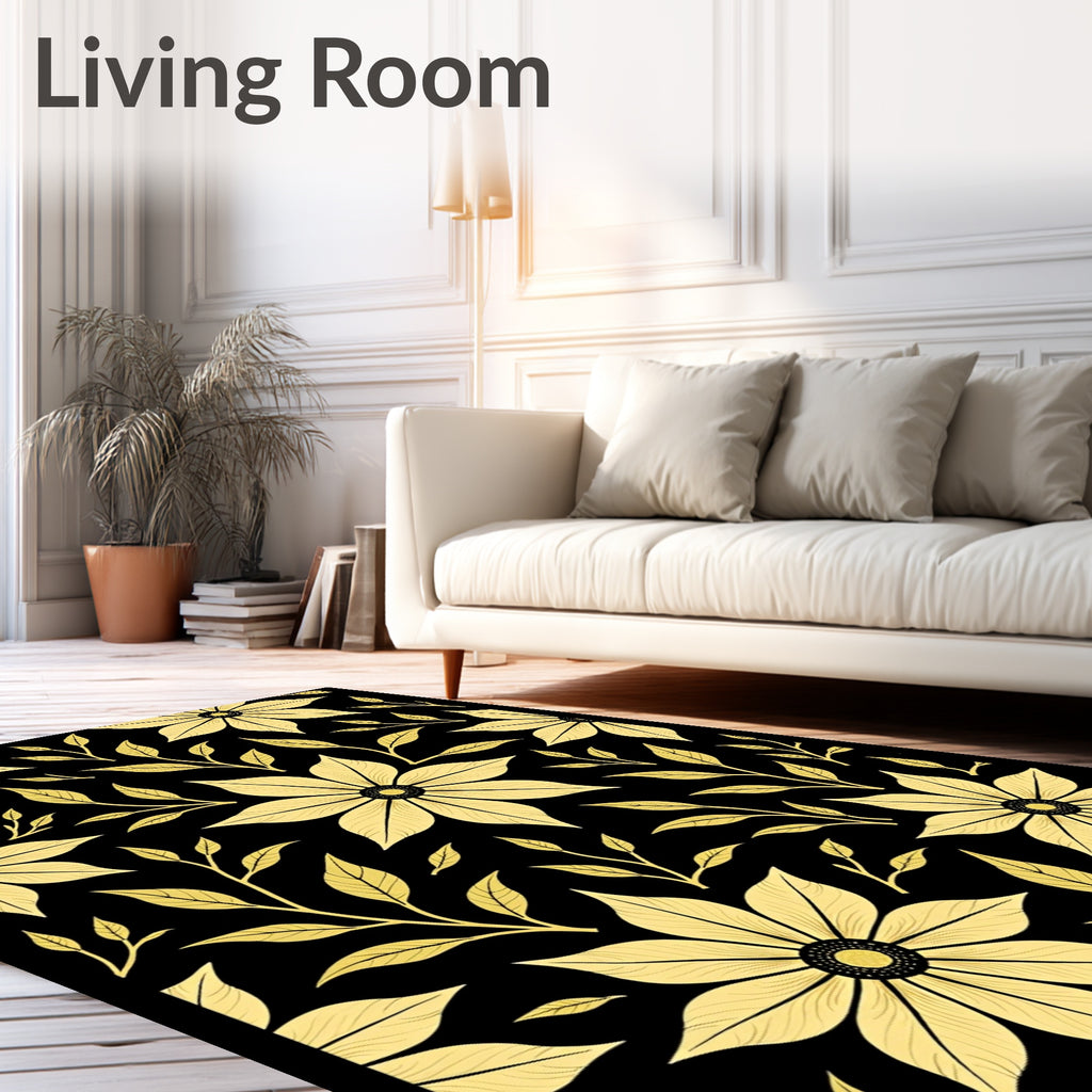 Golden Floral Vines on Black Background Rug