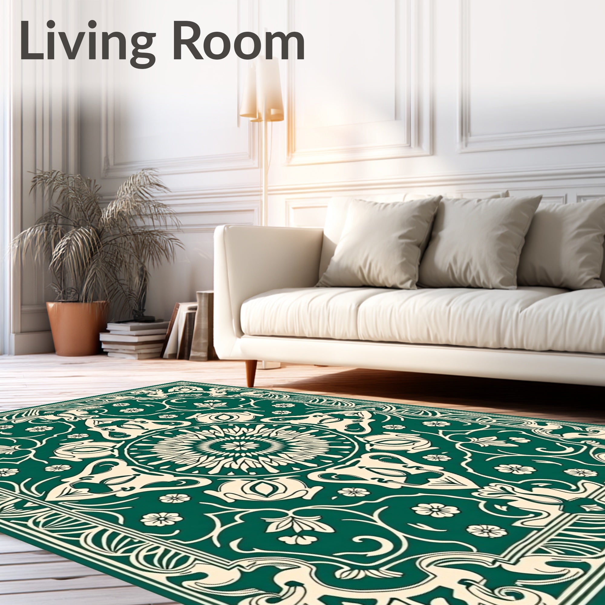 Emerald Beige Floral Mandala Pattern Rug